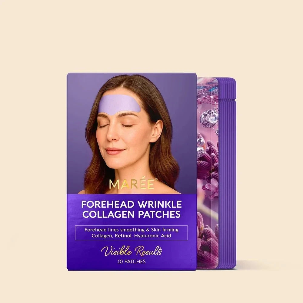 Anti-Wrinkle Forehead Patches in a purple package featuring a woman wearing a smooth lavender forehead patch