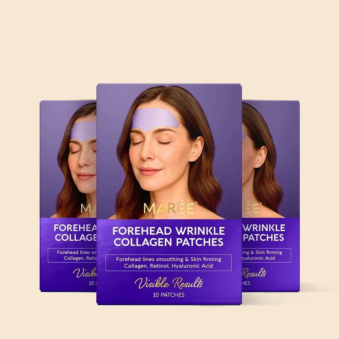 Anti-Wrinkle Forehead Patches in purple packaging, with a woman wearing a lavender forehead patch