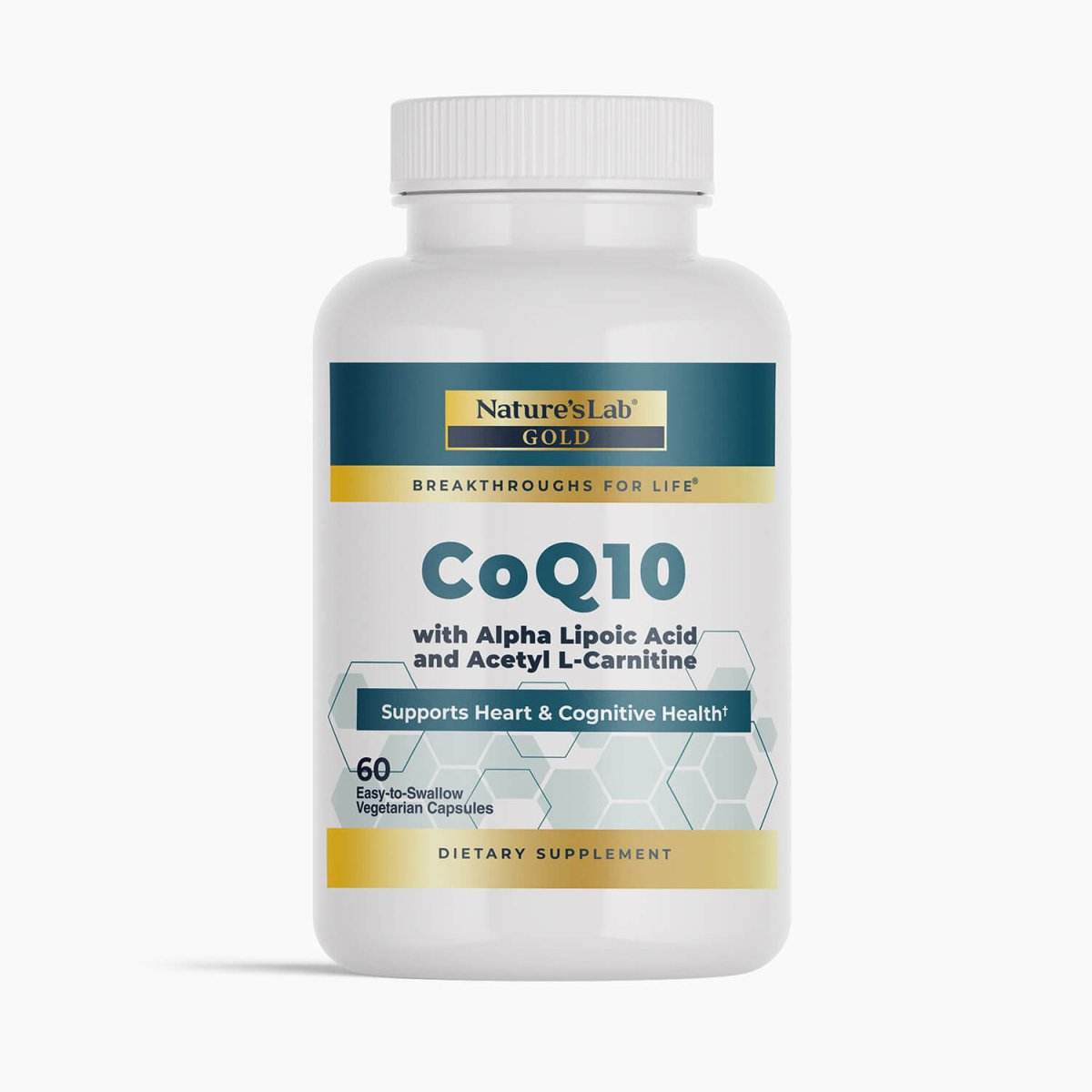 Dietary supplement bottle of Nature's Lab CoQ10 with Alpha Lipoic Acid and Acetyl L-Carnitine in white plastic with antioxidant defense label