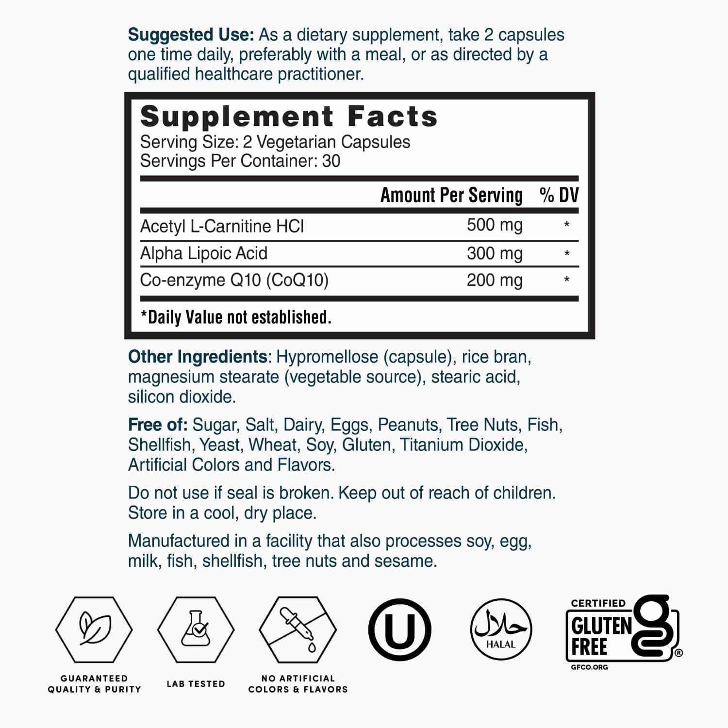 Supplement facts label showing Acetyl L-Carnitine HCl 500mg, Alpha Lipoic Acid 300mg, CoQ10 200mg in black and white with antioxidant defense text.