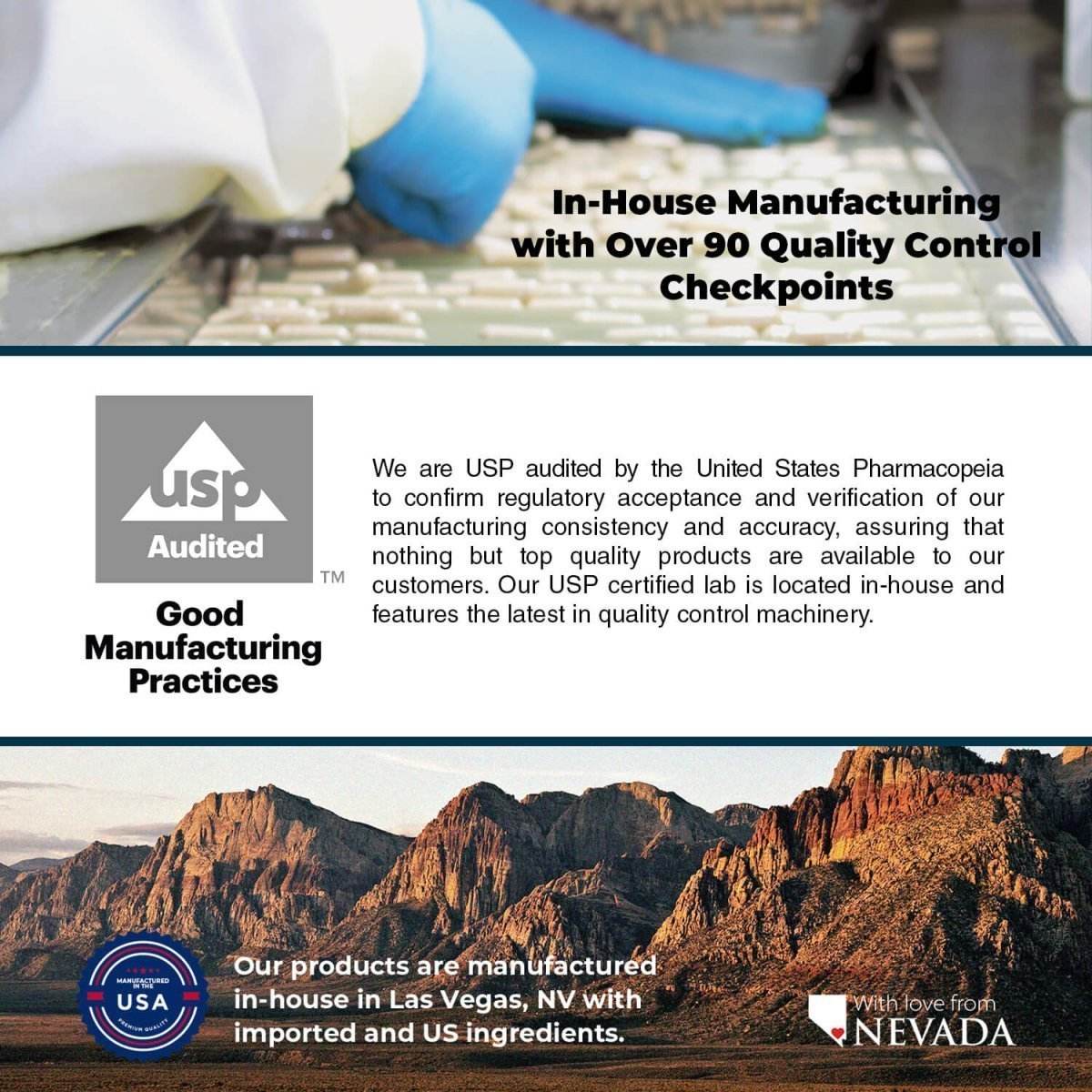 Supplement manufacturing process image showing gloved hands handling capsules on a production line, symbolizing antioxidant defense quality control.
