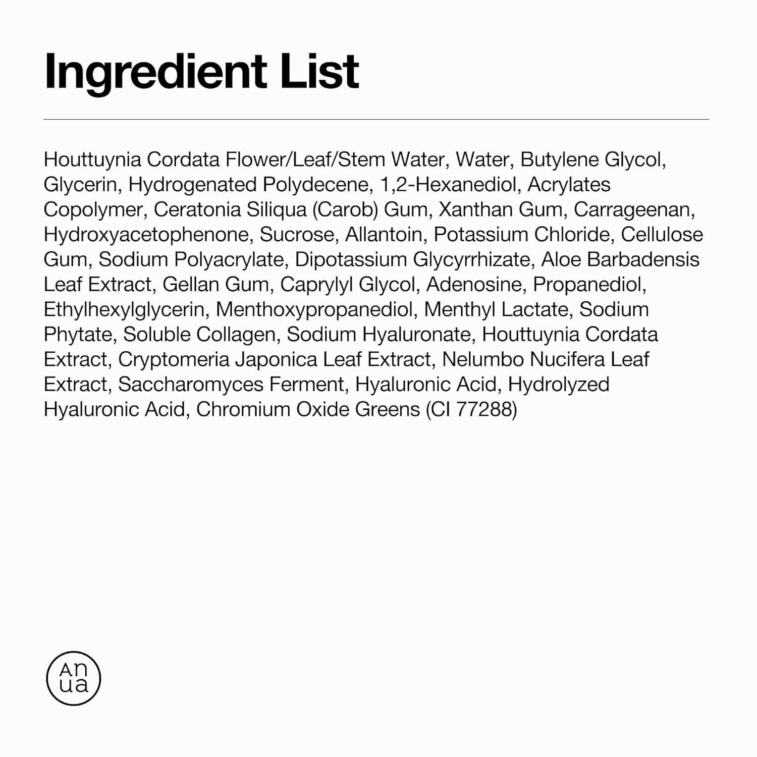 Anua Heartleaf 70 Soothing Collagen Mask ingredient list printed in black text on a white background with the Anua logo in the bottom left corner.