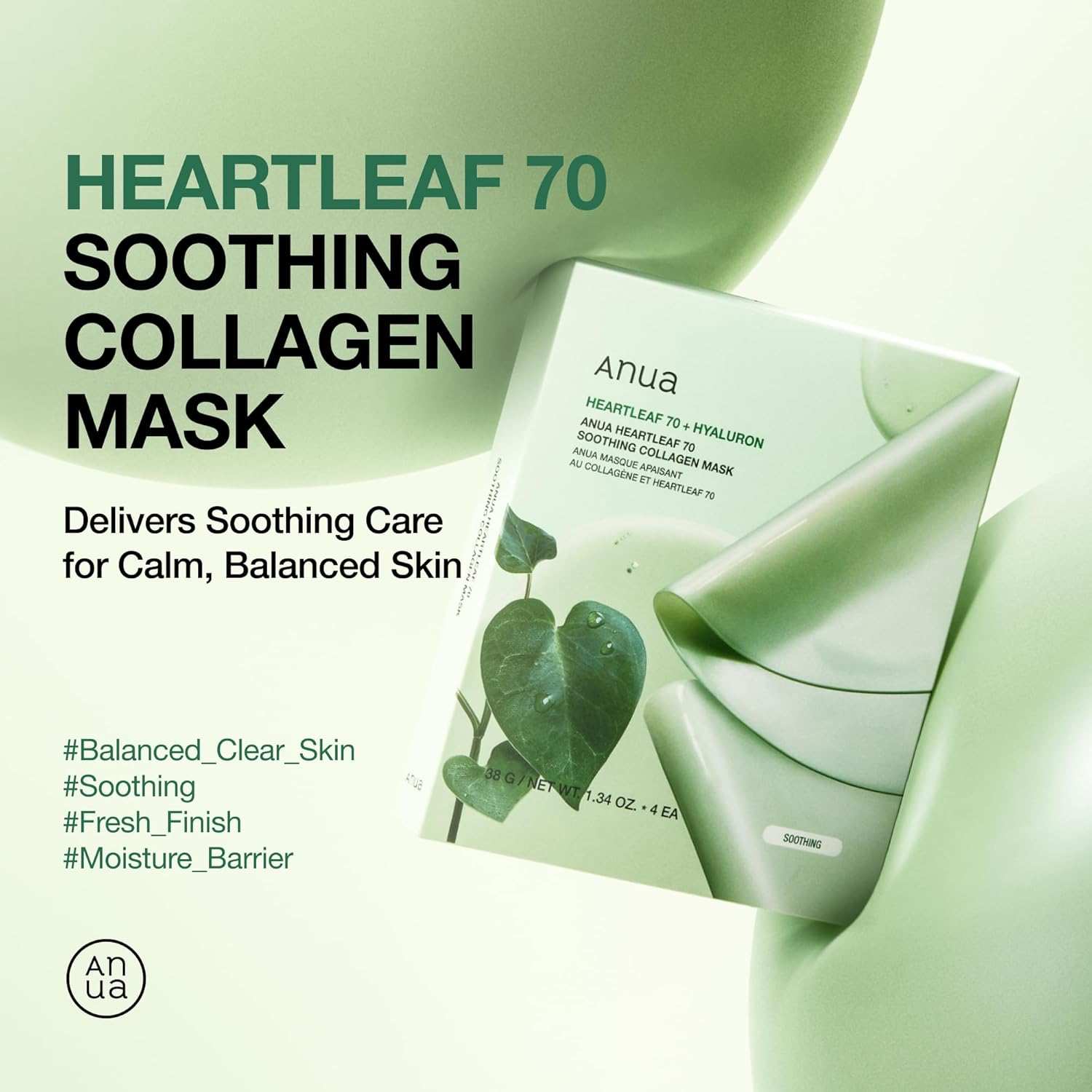 Anua Heartleaf 70 Soothing Collagen Mask in green packaging featuring heart-shaped leaf design and collagen boost claims