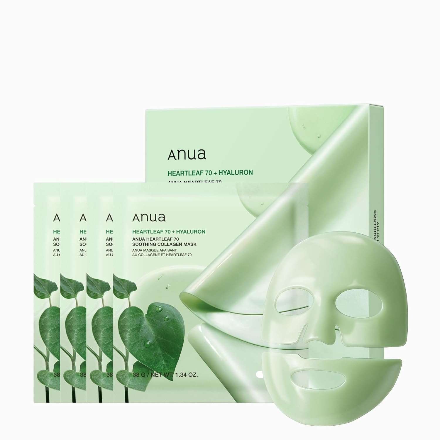 Anua Heartleaf 70 Soothing Collagen Mask pack with green packaging and leaf design, featuring a translucent green facial sheet mask.