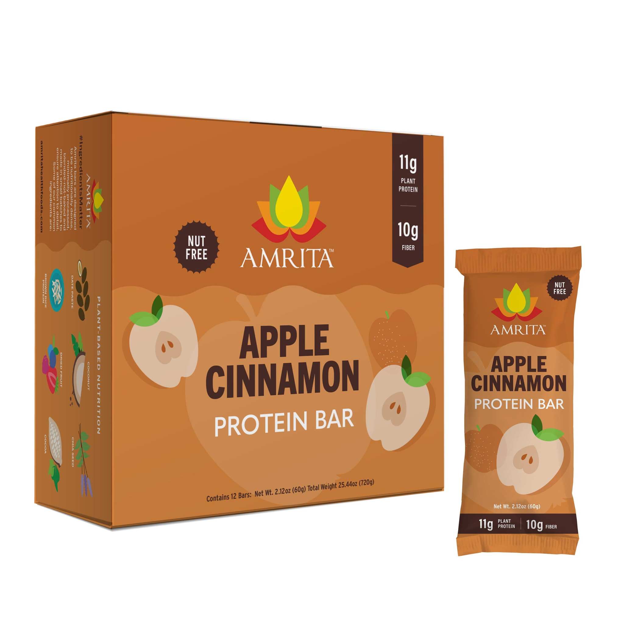 Apple Cinnamon protein bar box and single wrapper in orange packaging with apple illustrations and nut-free label