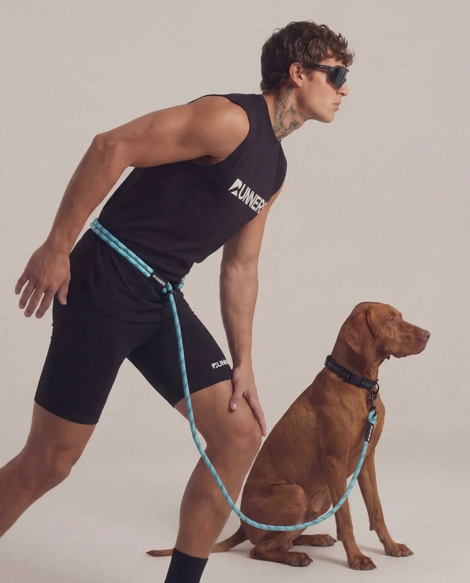 Aqua blue hands-free running dog leash with reflective detailing