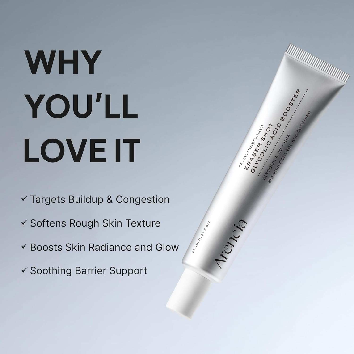 Arencia Eraser Shot glycolic acid booster in a sleek silver tube with black text, offering skin refining benefits