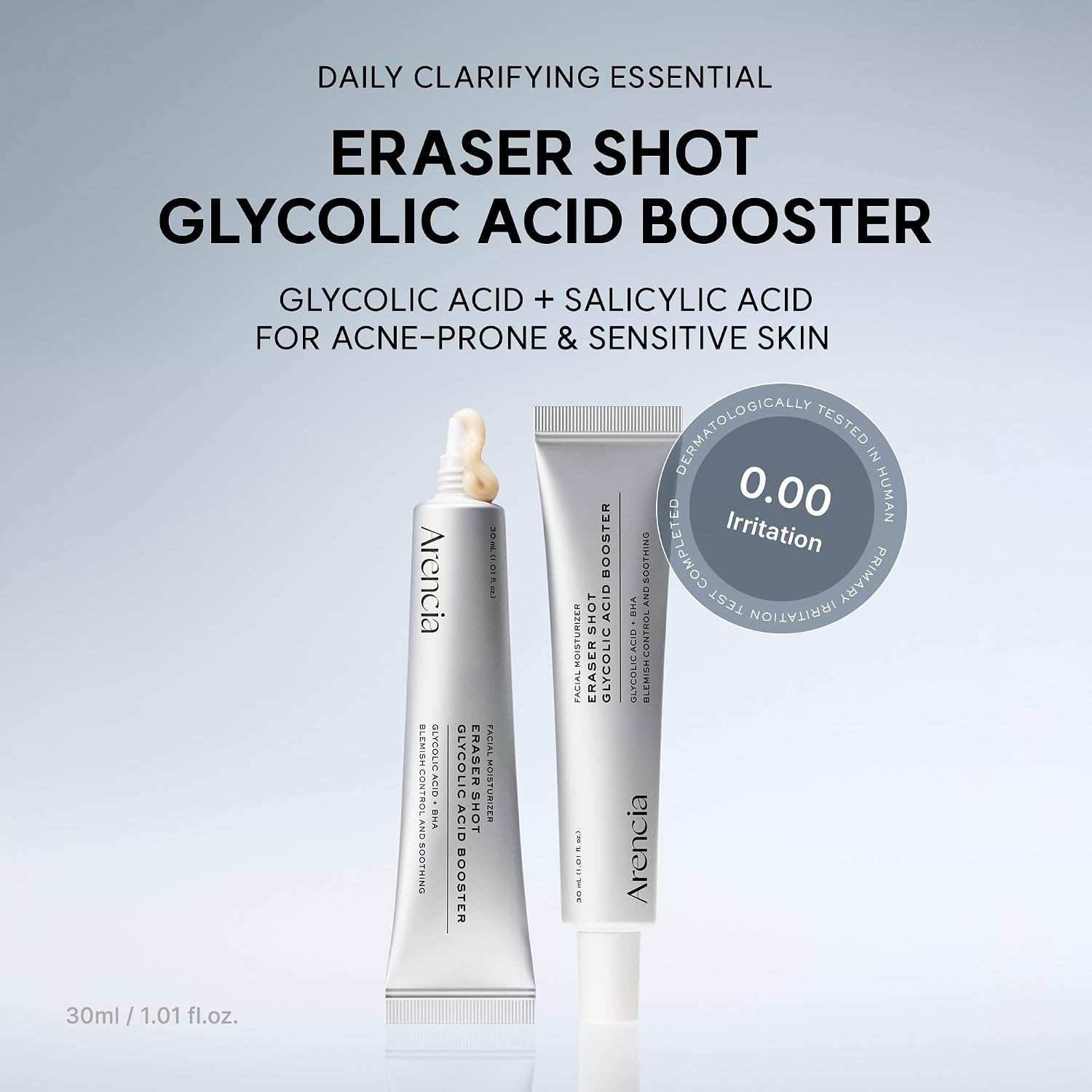 Arencia Eraser Shot glycolic acid booster in silver soft squeeze tubes with black text, highlighting gentle exfoliation and 0.00 irritation for sensitive skin