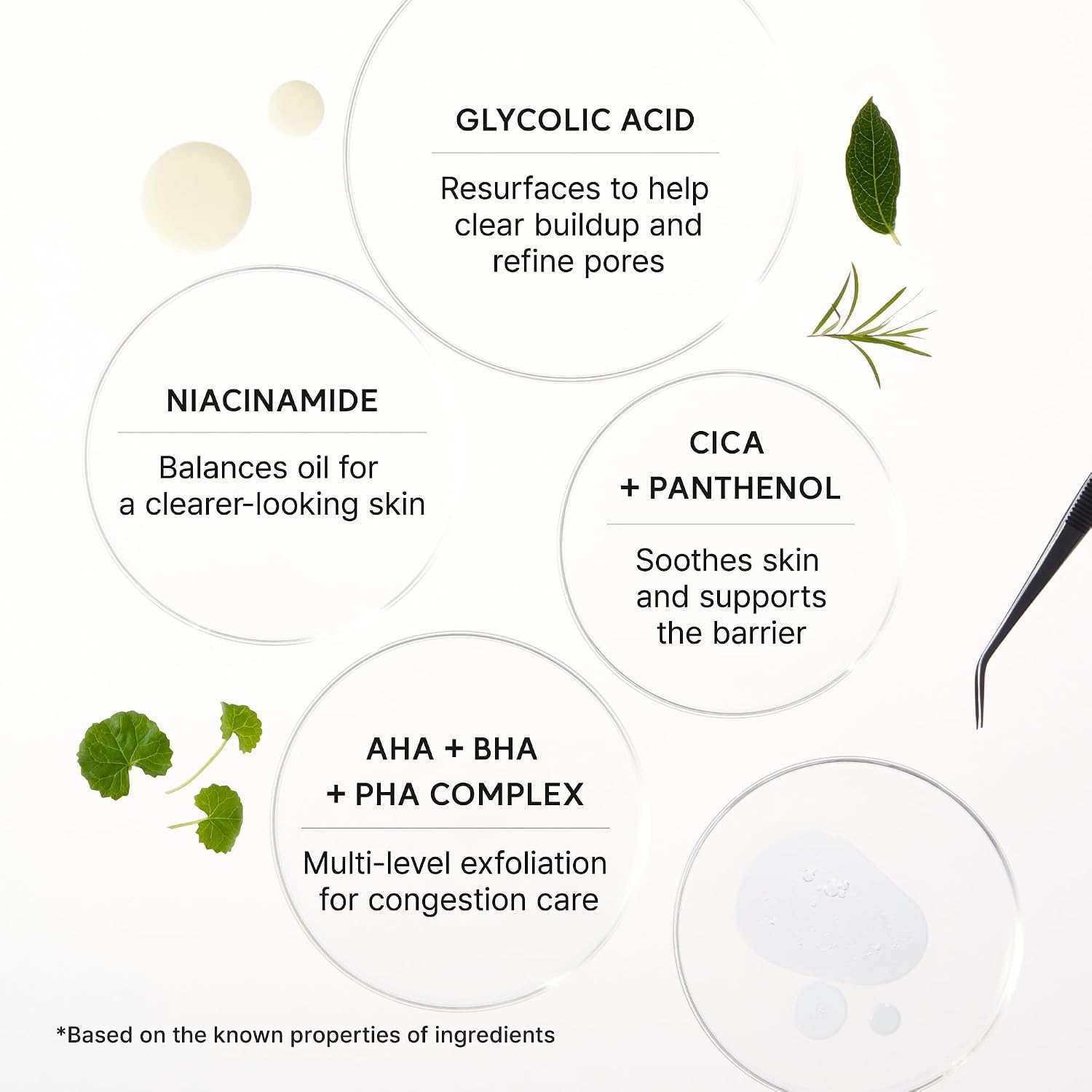 Arencia Eraser Shot diagram showing key ingredients Glycolic Acid, Niacinamide, Cica with Panthenol, and AHA BHA PHA complex with leaf elements