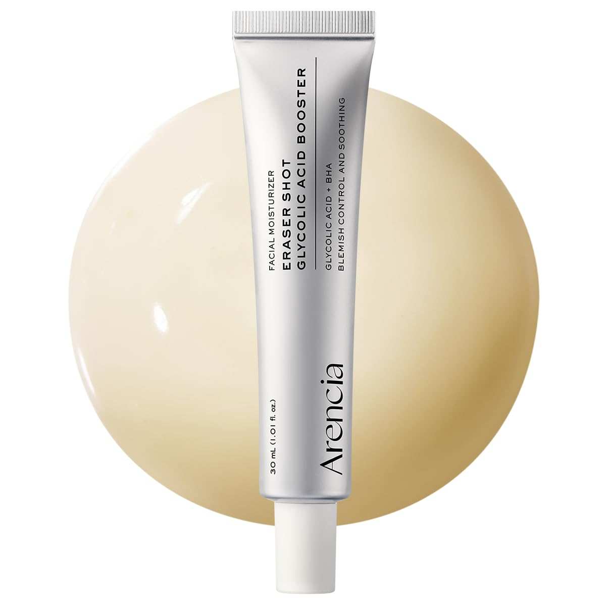 Arencia Eraser Shot 30mL tube with silver and white packaging on beige cream texture backdrop