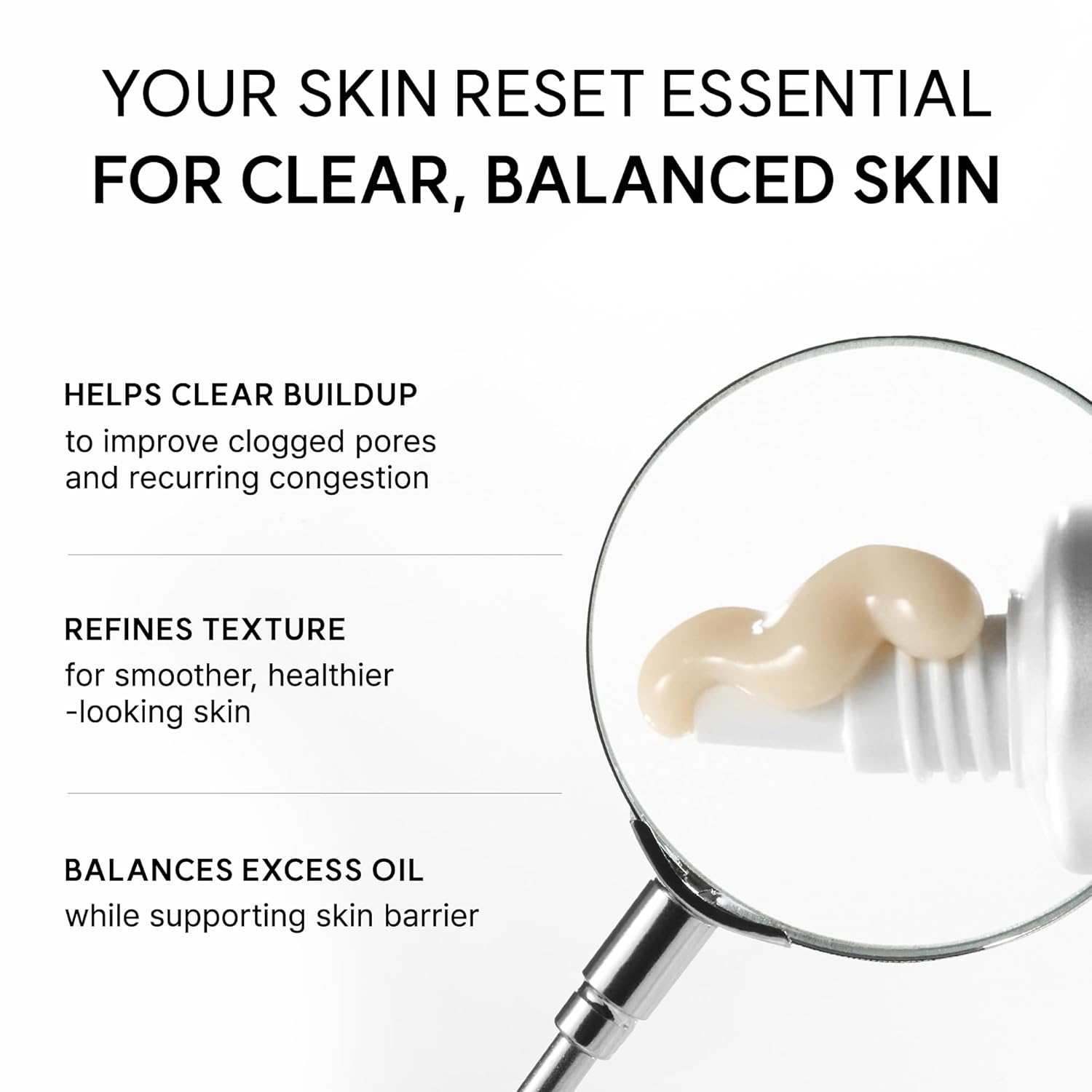 Arencia Eraser Shot showing a white cream being dispensed with a magnifying glass highlighting smooth texture for clear balanced skin