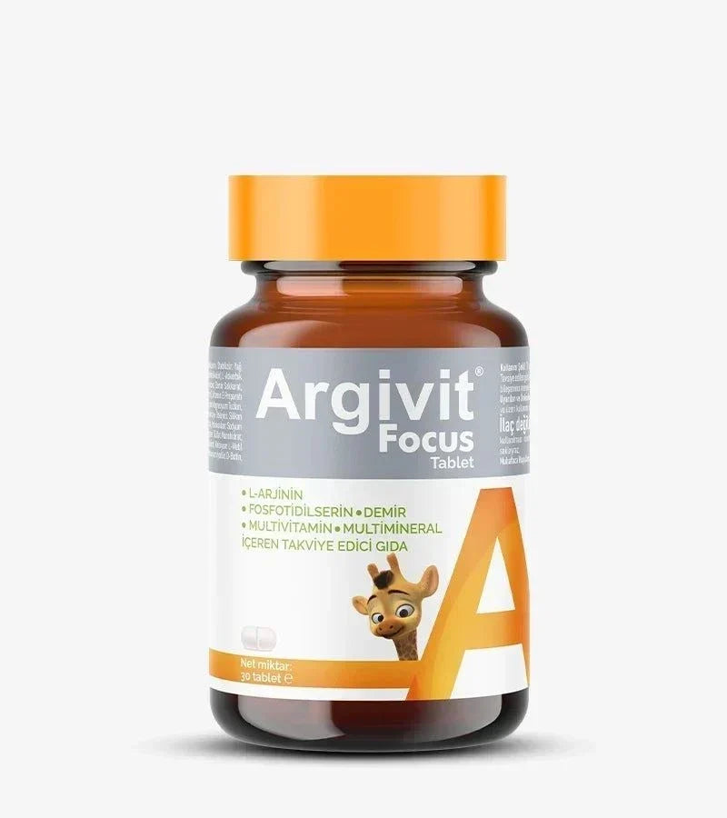 Argivit Focus 30 Tablets in an amber bottle with an orange cap, white label, large orange A and cartoon giraffe