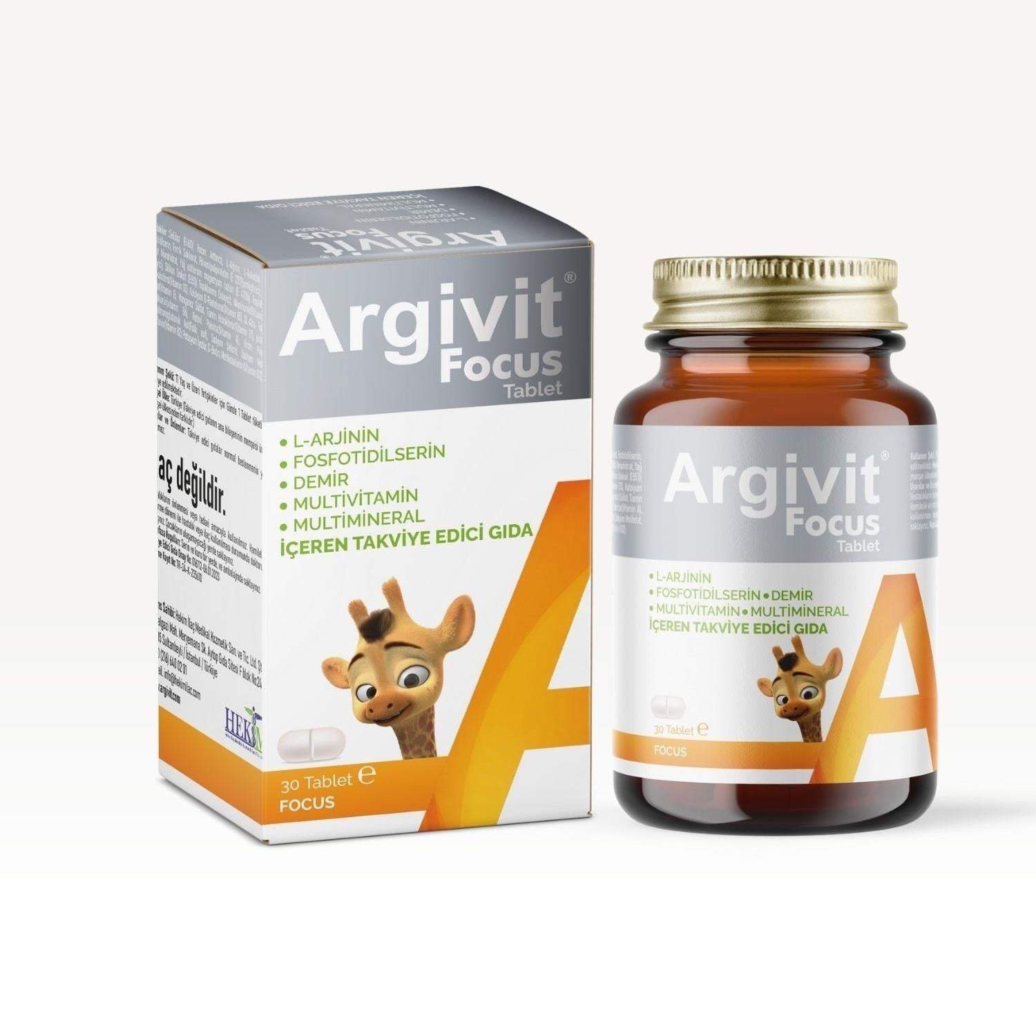 Argivit Focus 30 Tablets in a gray and orange carton beside an amber bottle with a white cap and matching label