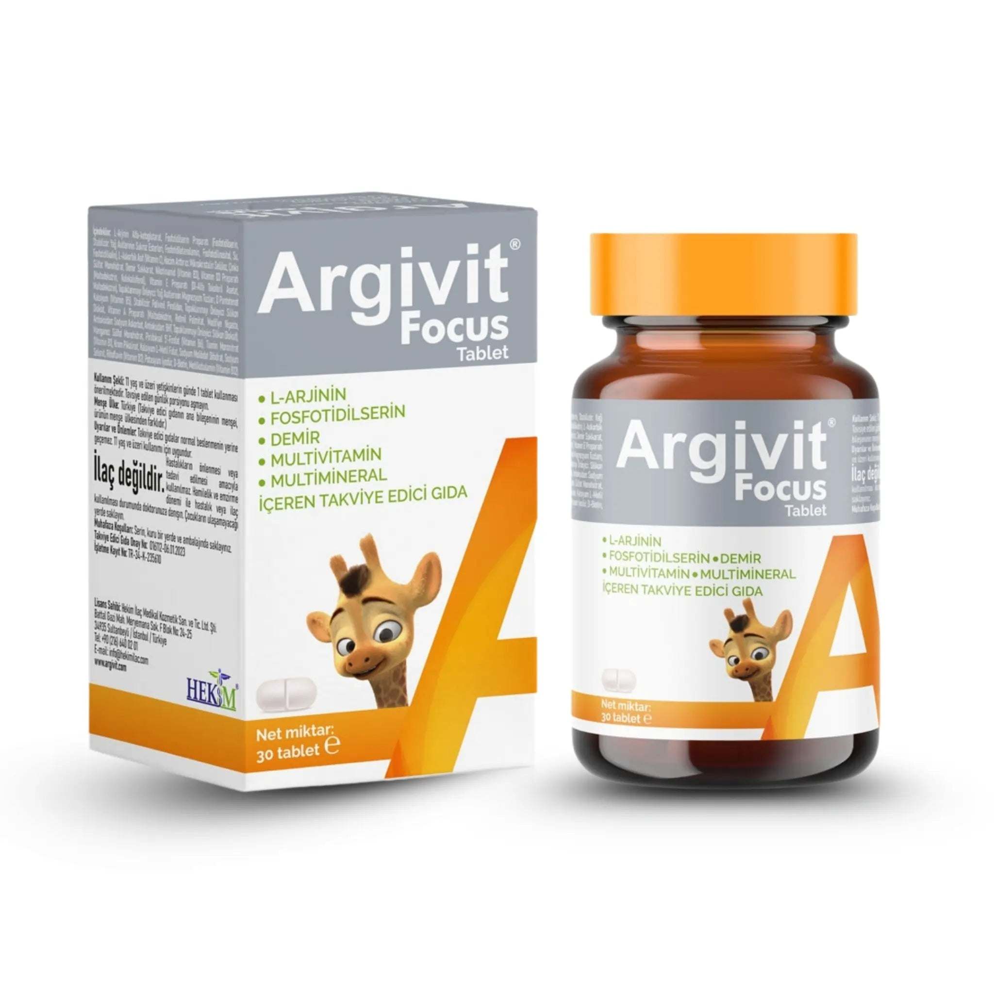 Argivit Focus 30 Tablets in grey and orange packaging, with a matching amber bottle and cartoon giraffe graphic