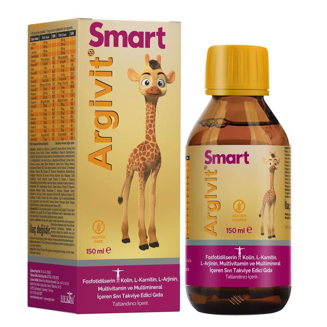 Argivit Smart Liquid Multivitamin in a brown 150 ml syrup bottle and matching cream box with a giraffe illustration