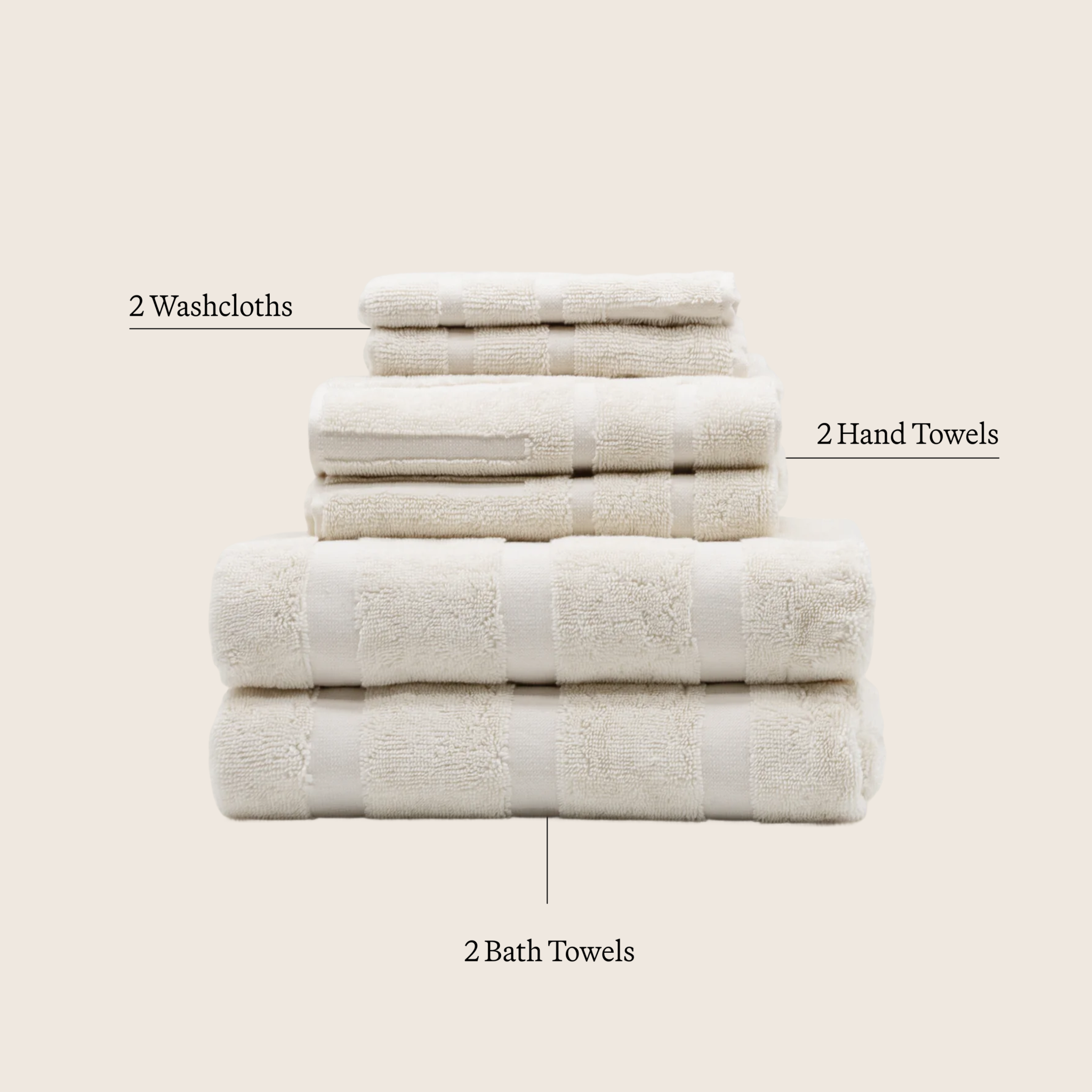 Set of Australian Cotton towels in ecru color including two washcloths, two hand towels, and two bath towels with a subtle geometric pattern