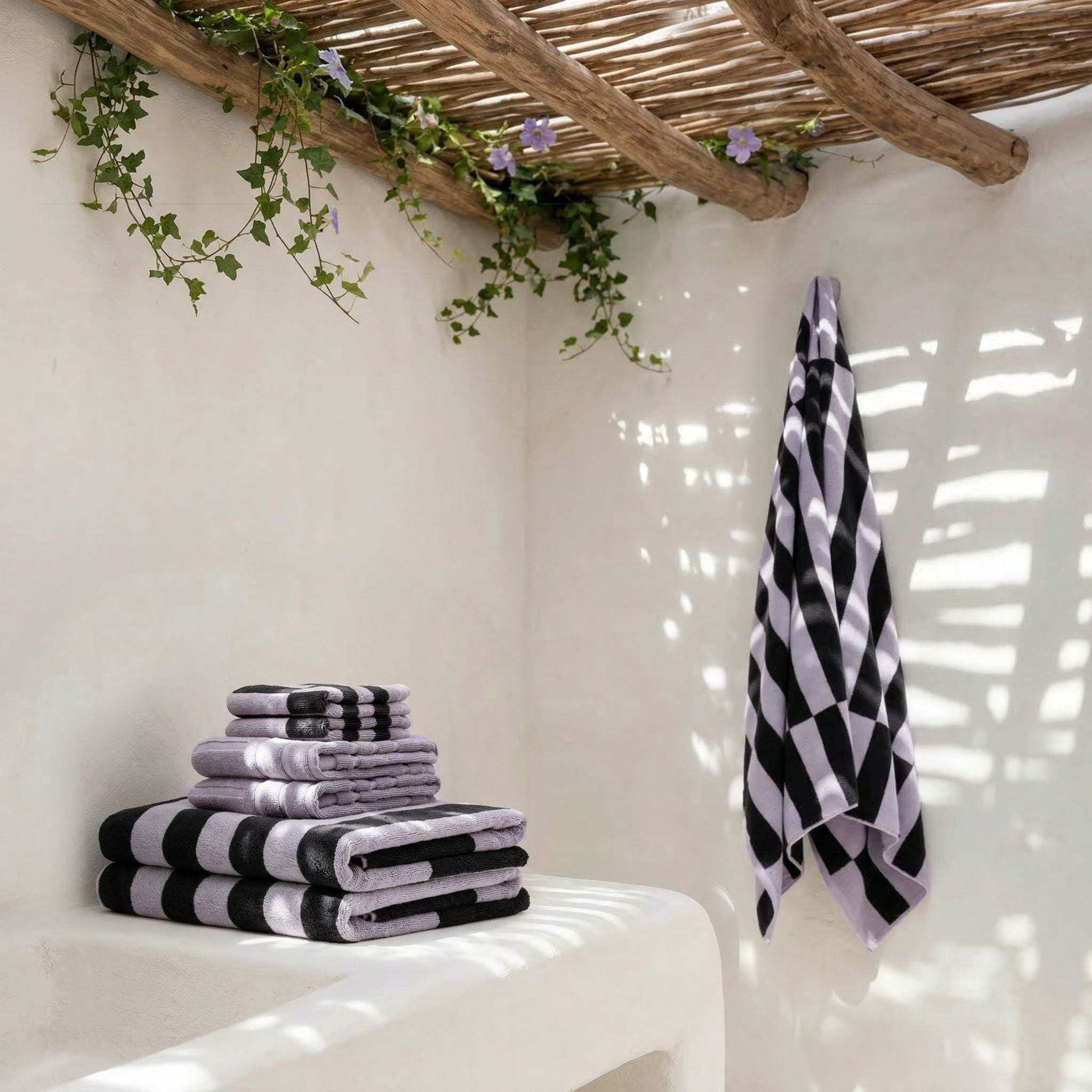 Australian Cotton towels in lilac and black geometric pattern, soft and plush cotton with locker loop for hanging