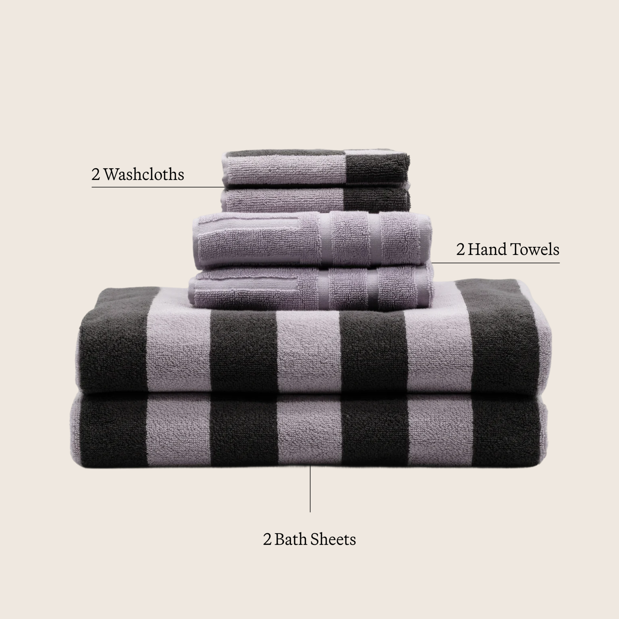 Set of Australian Cotton towels in soft lilac and dark gray with stripes, including washcloths, hand towels, and bath sheets