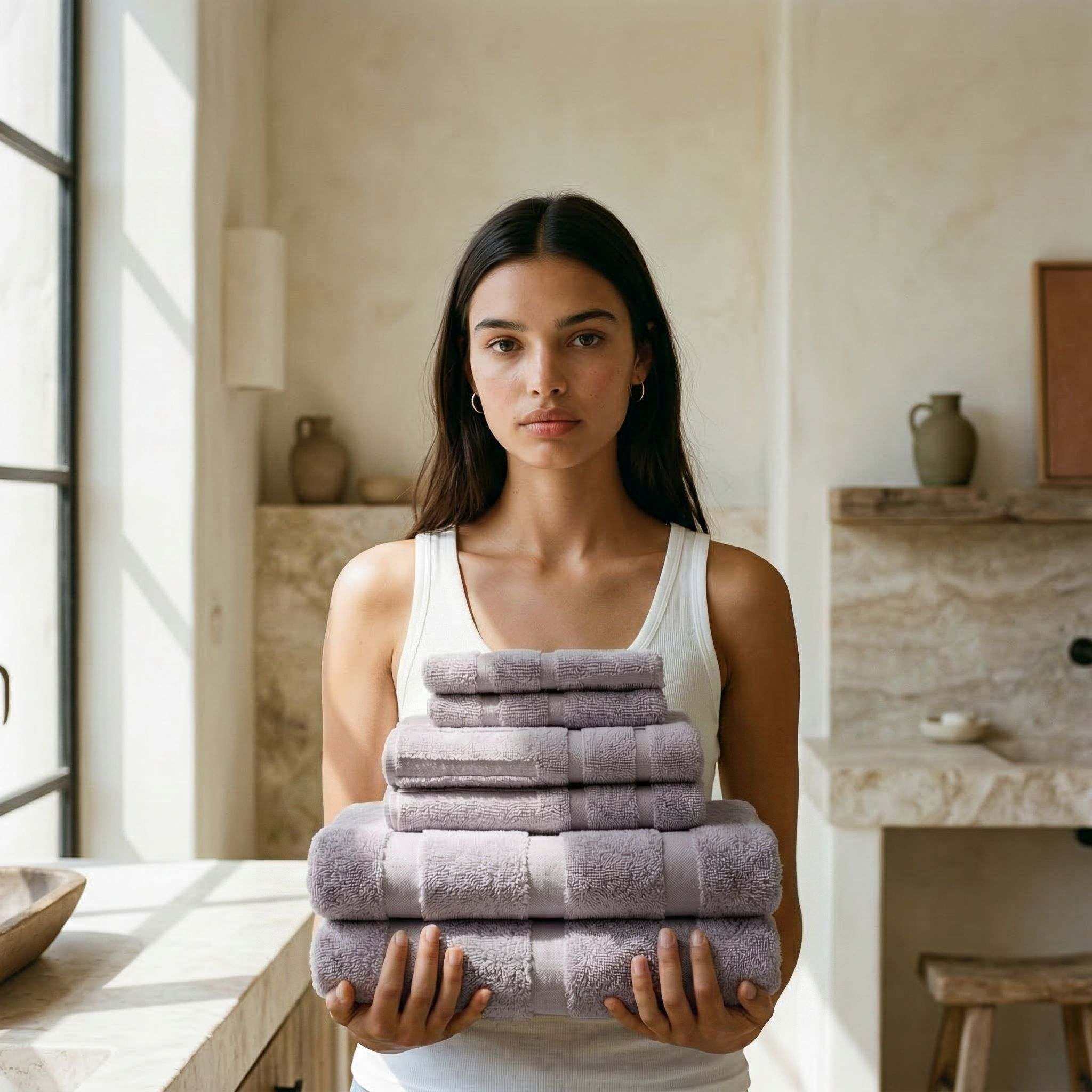 Stack of lilac Australian Cotton towels in various sizes with geometric pattern held by a woman in a white tank top