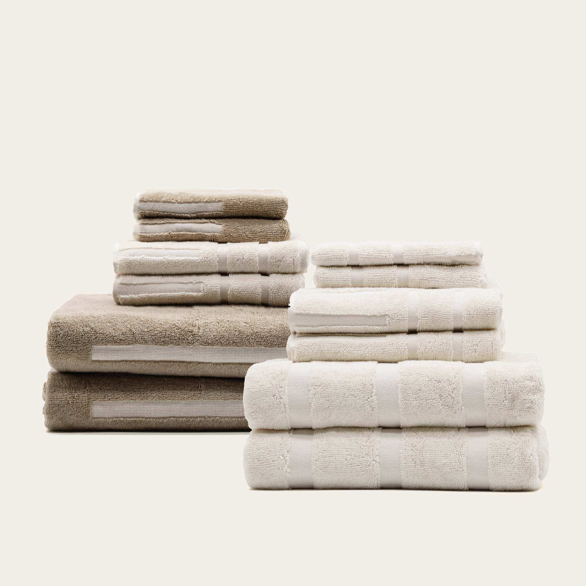Australian Cotton towels in neutral beige and off-white colors, plush and thick with subtle striped texture