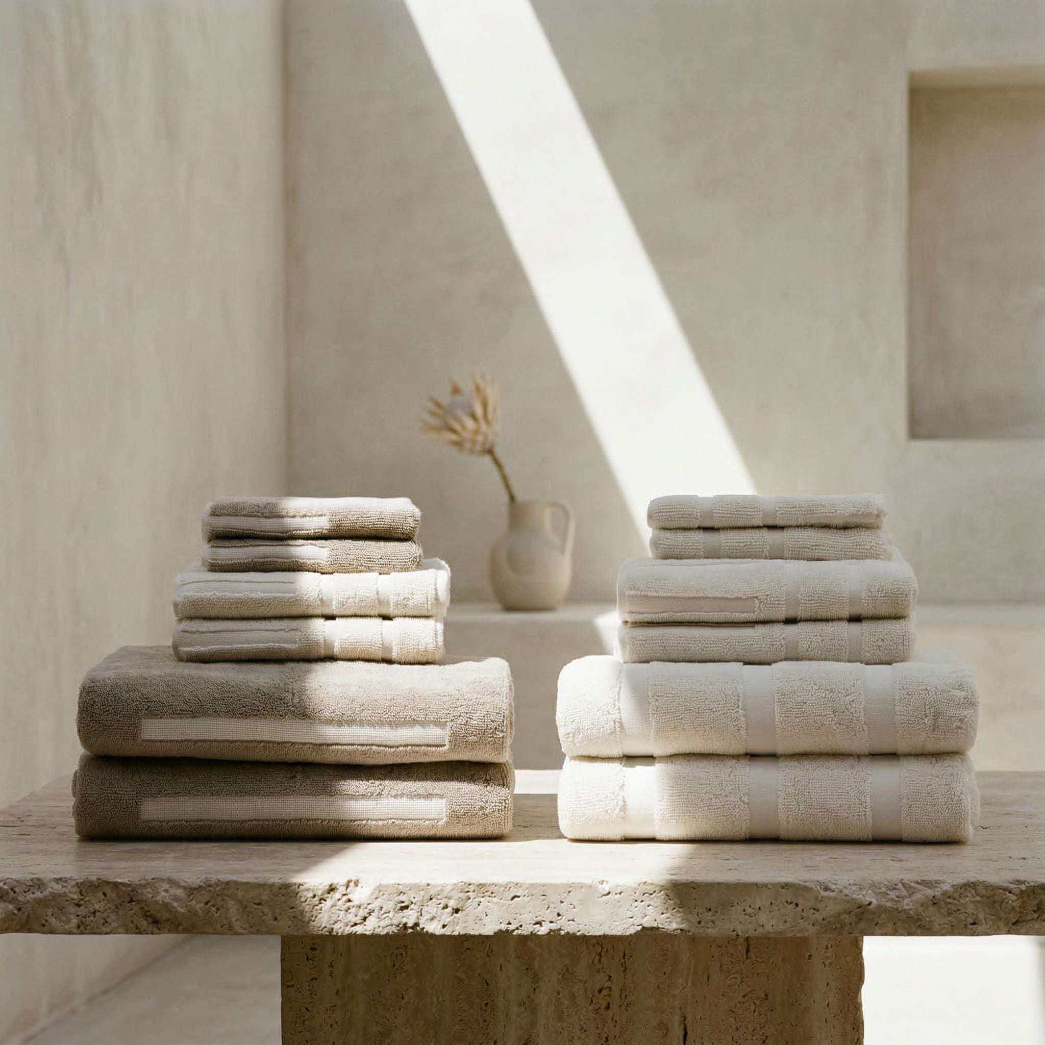 Australian Cotton towels in soft neutral tones including beige and off-white with a textured geometric pattern, neatly stacked