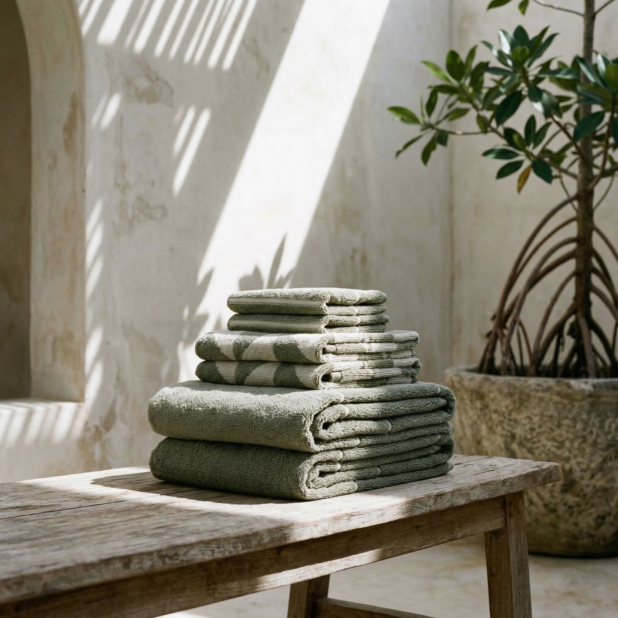Australian Cotton Towels in muted sage and cream, plush textured fabric with a subtle triangular pattern, stacked in assorted sizes