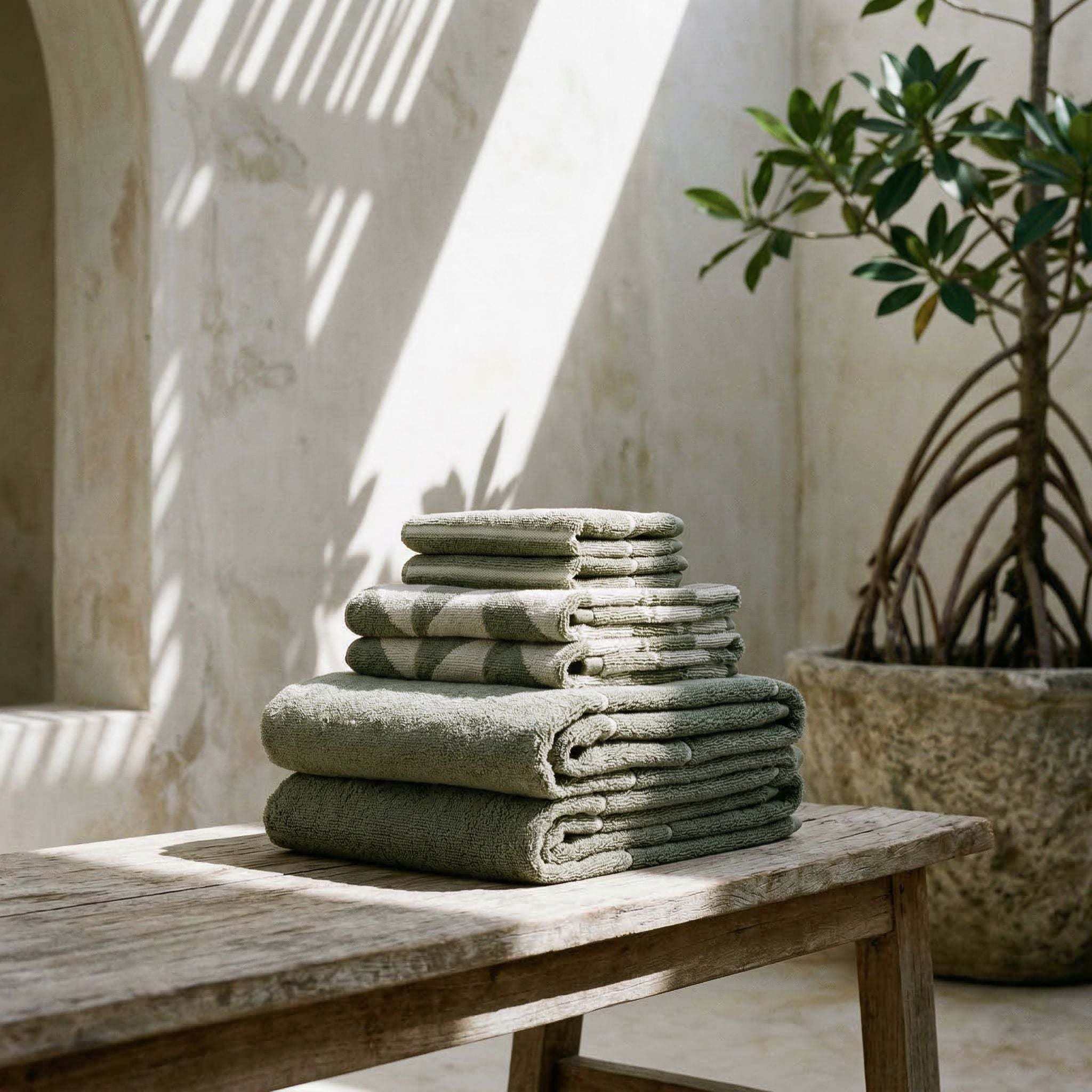 Australian Cotton towels in sage green with geometric patterns, soft and plush cotton fabric stacked neatly on a wooden bench