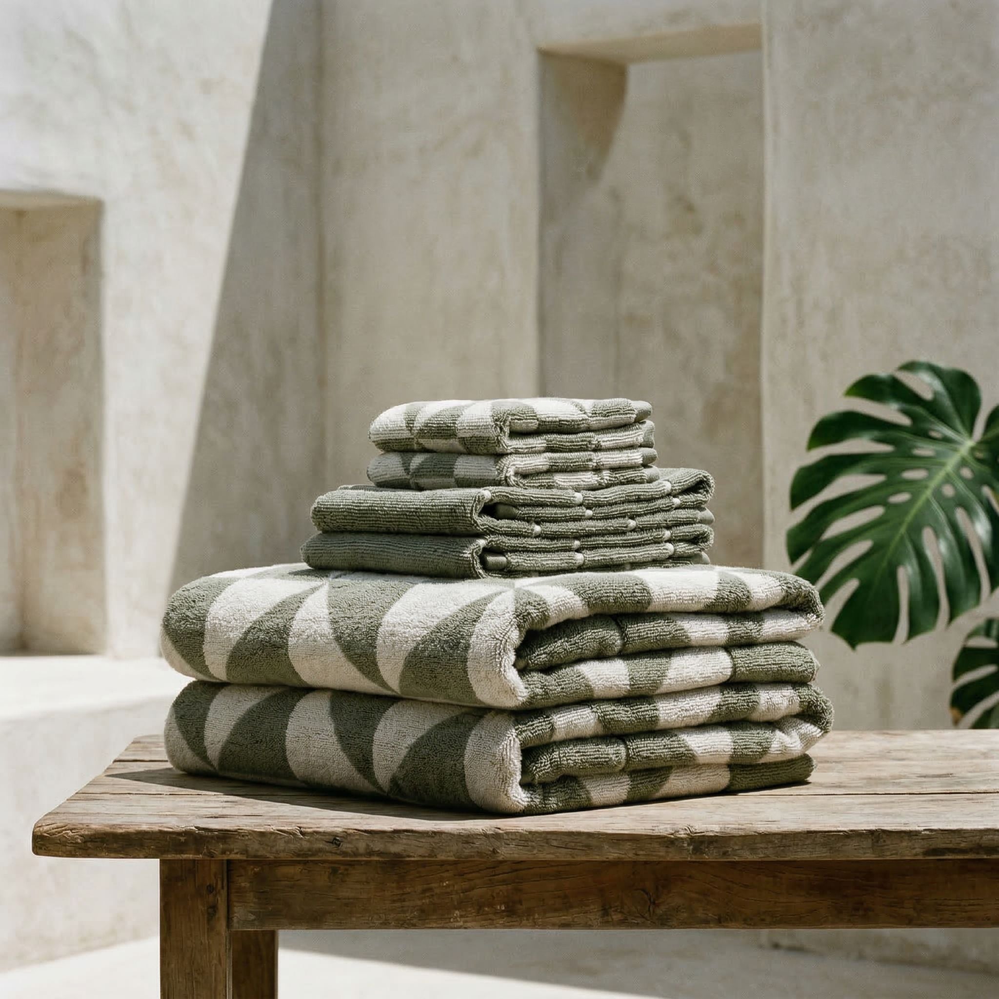 Australian Cotton Towels in muted sage green and ivory with a plush woven geometric pattern, neatly stacked