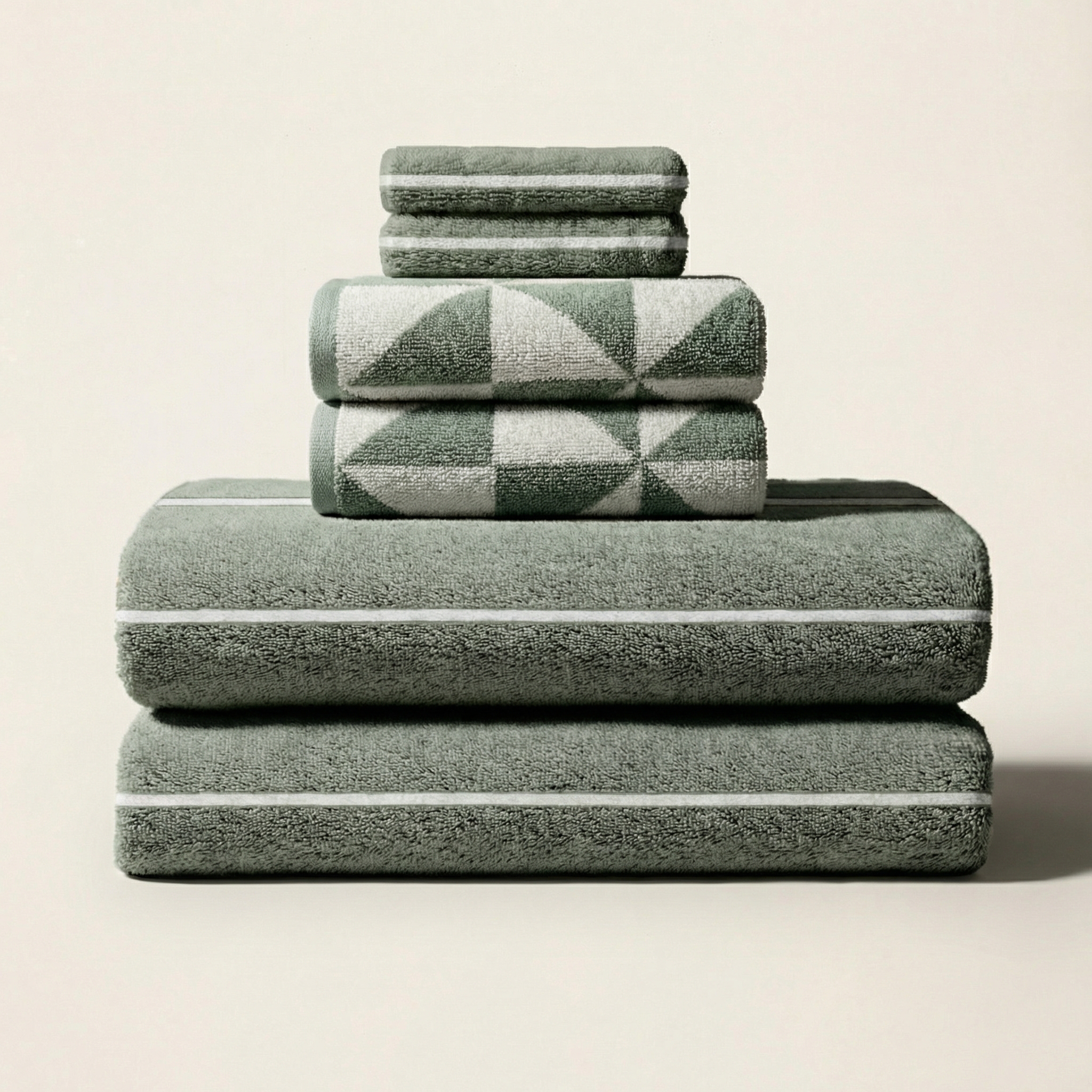 Australian Cotton Towels in muted sage green, plush textured fabric with geometric triangular patterns and white stripe details