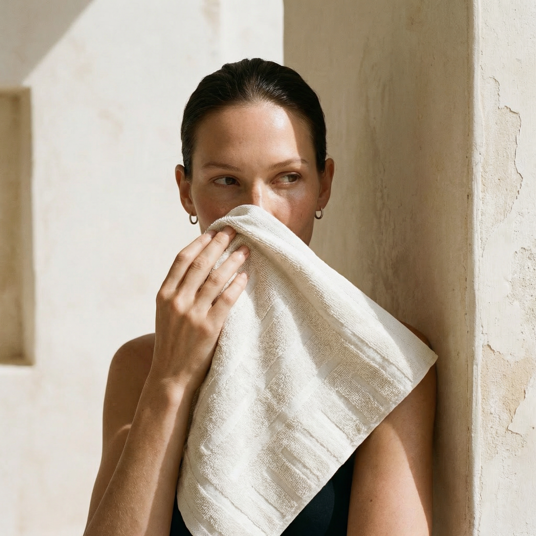 Soft ecru Australian Cotton towels with geometric patterns, dense and plush 600 GSM fabric held by woman with dark hair