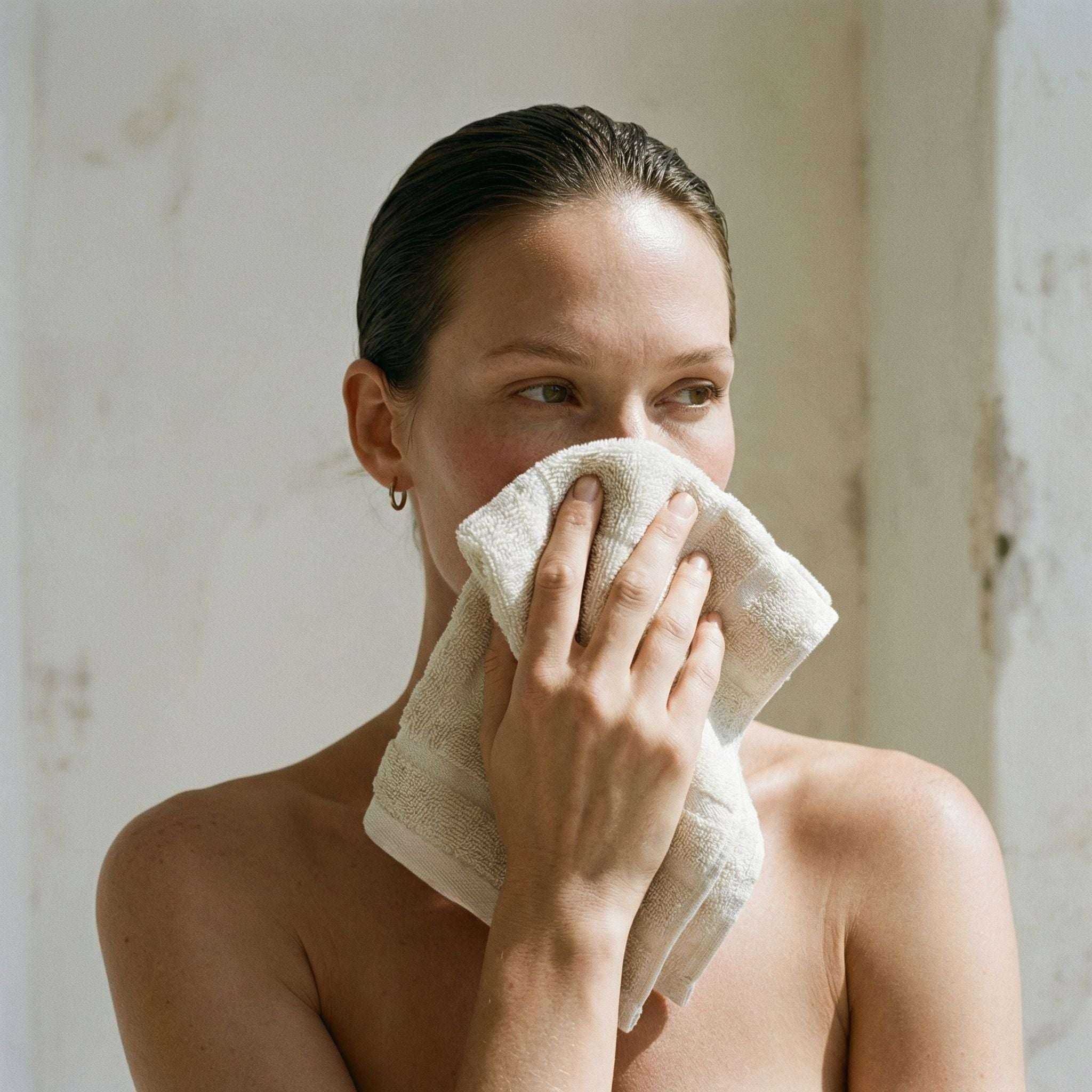 Australian Cotton towels in soft ecru color, plush textured washcloth held against a woman's face