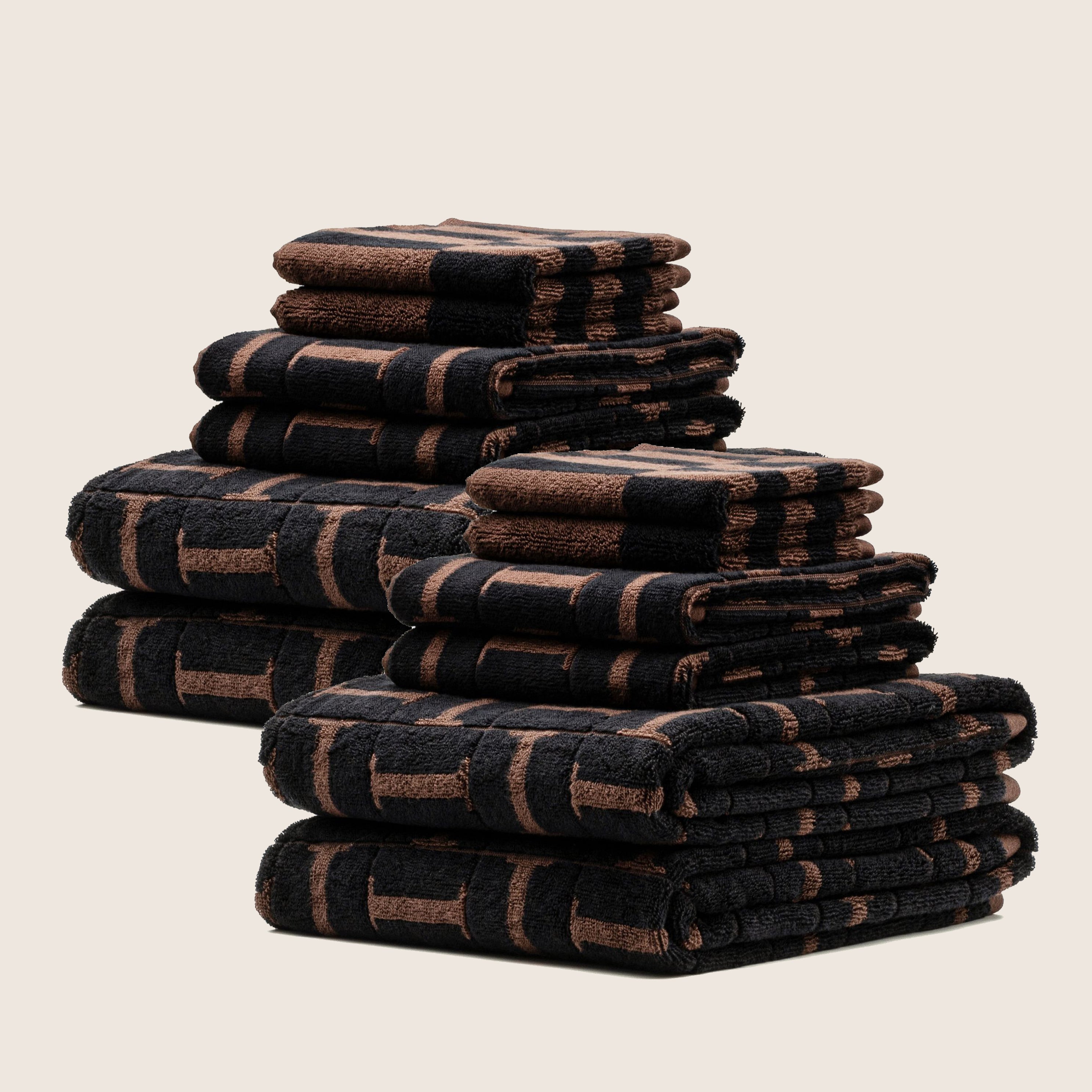 Tessera Australian cotton towels set in coastal tones with geometric texture