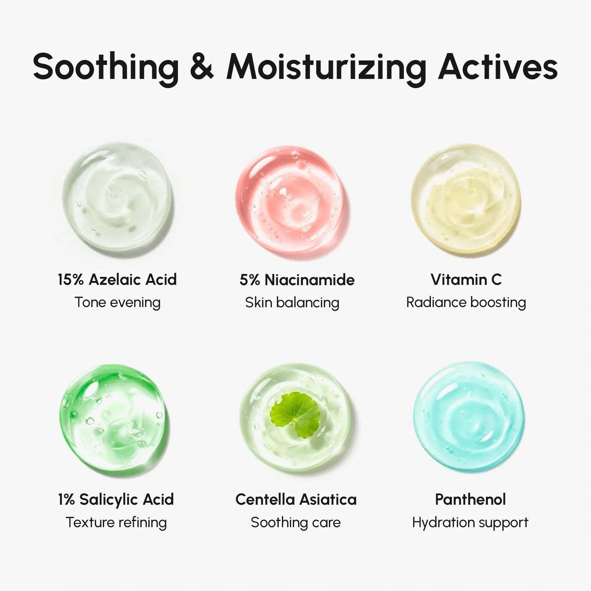 Azelaic Acid Cream active ingredients graphic featuring six colorful gel swatches labeled with soothing and moisturizing benefits