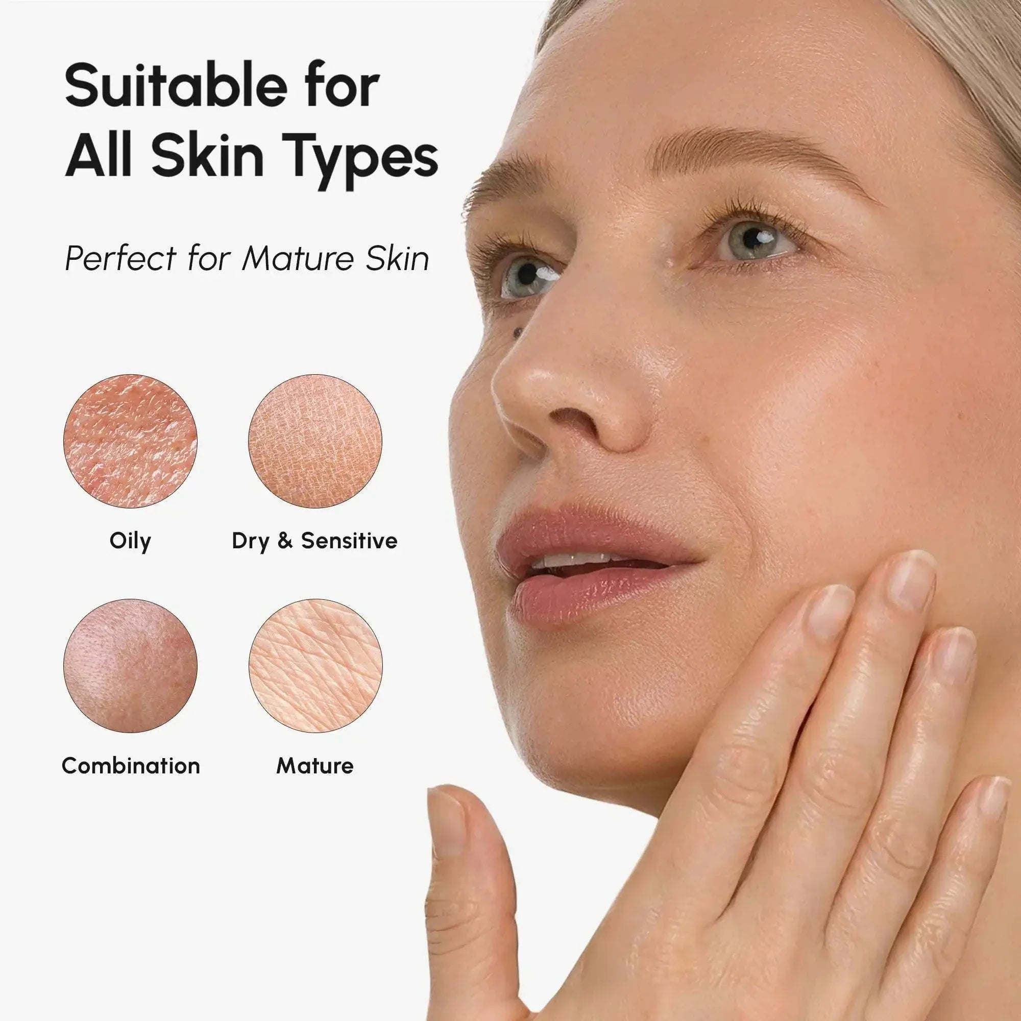 Azelaic Acid Cream graphic featuring a close-up of a woman touching her face and four skin type samples