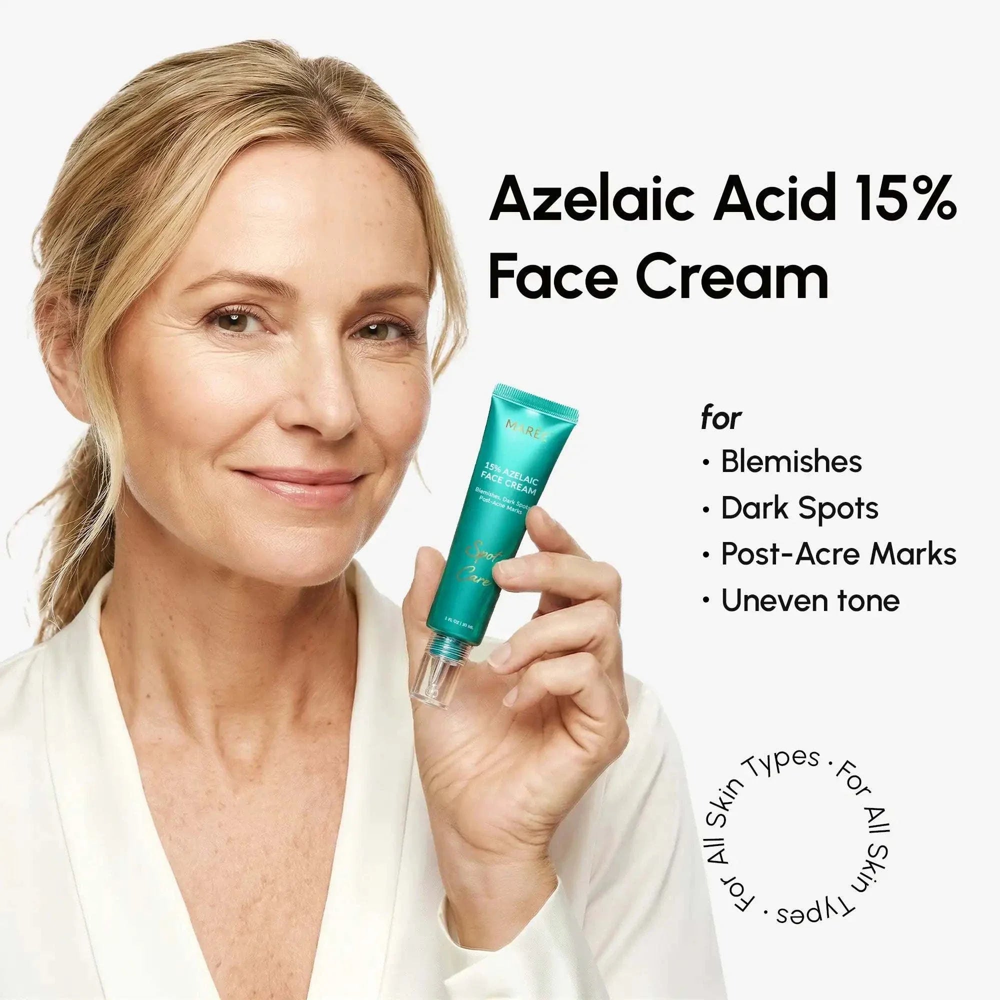 Azelaic Acid Cream in a teal tube labeled 15% face cream, held beside text listing blemishes and dark spots