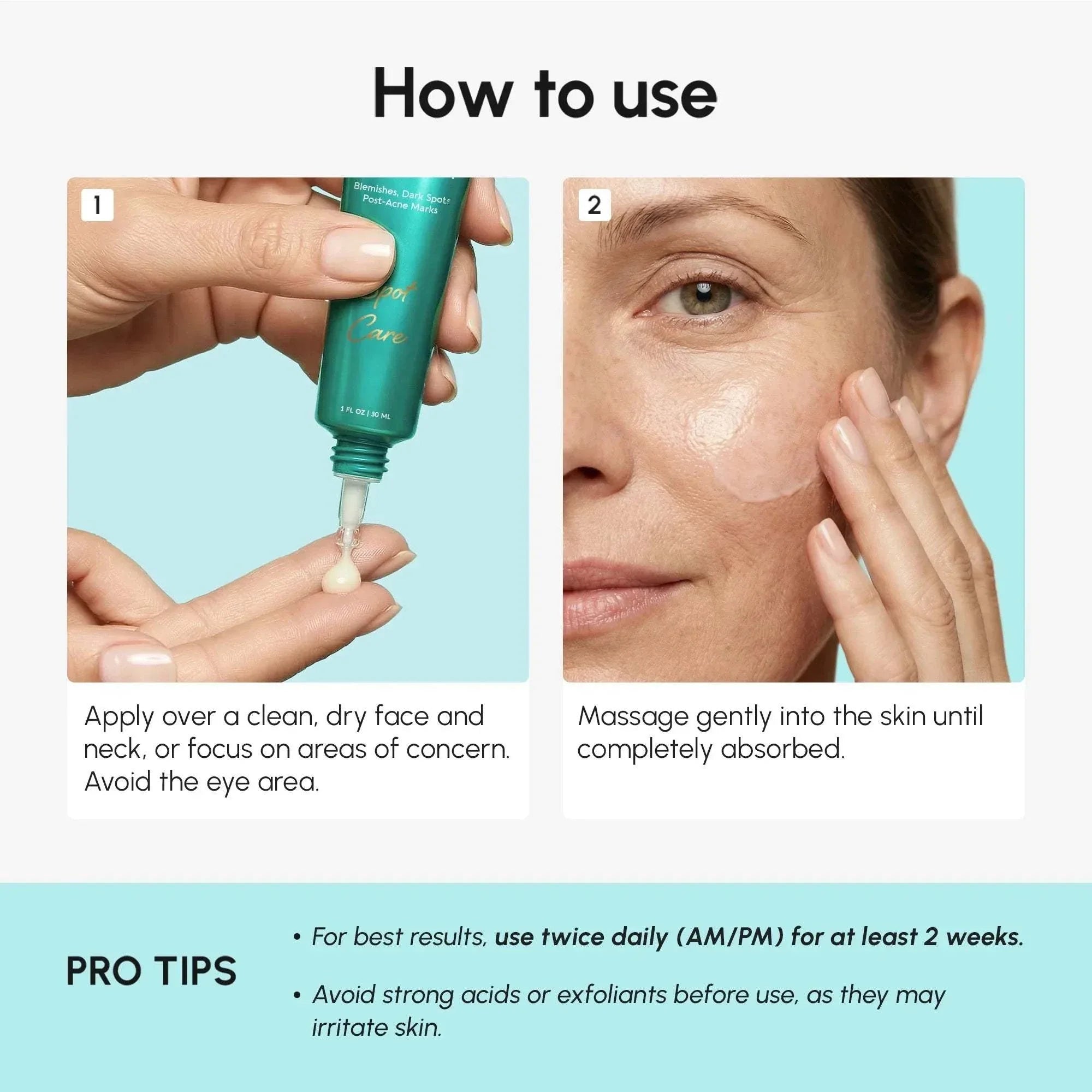 Azelaic Acid Cream use guide showing turquoise tube dispensing white cream and a woman gently applying it to her cheek