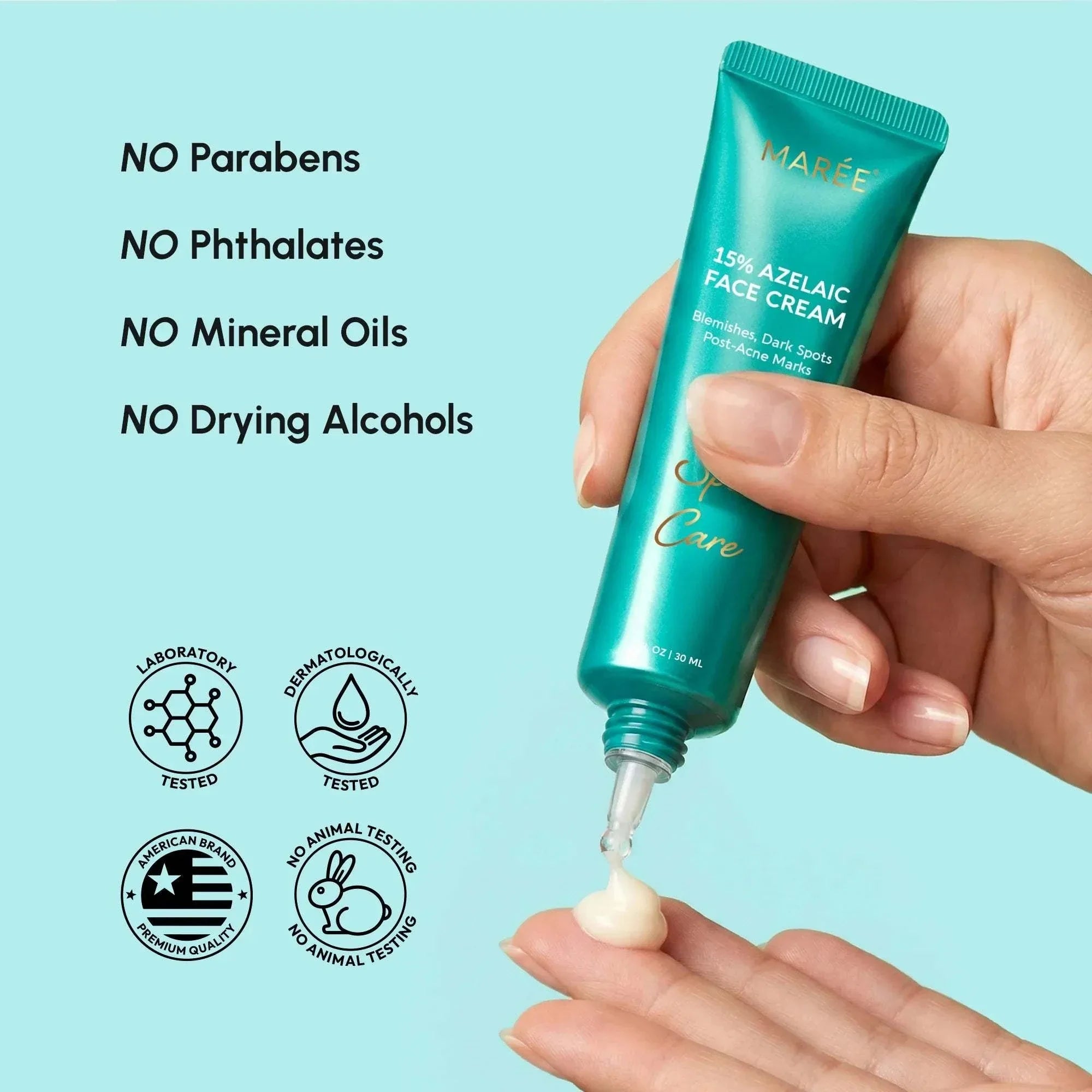Azelaic Acid Cream in a turquoise squeeze tube with gold lettering, dispensed as a white cream onto fingertips