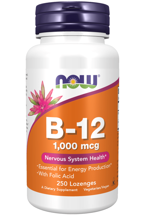 B-12 1,000mcg supplement bottle with a white and orange label, purple cap, and 250 chewable lozenges