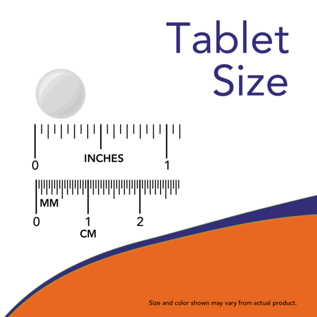 B-12 1,000mcg tablet size guide showing a small round, light gray tablet beside inch and centimeter rulers