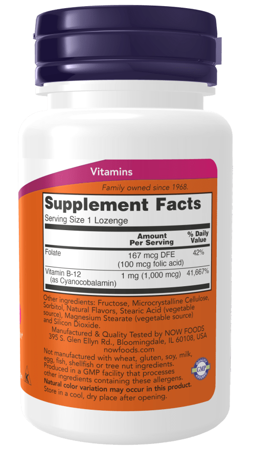 B-12 1,000mcg supplement bottle with a white label, orange facts panel, magenta vitamin banner and dark purple cap