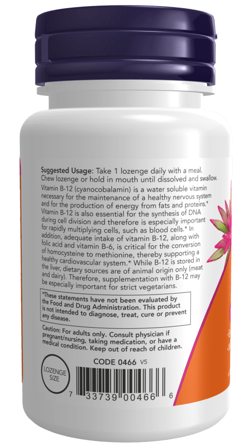 B-12 1,000mcg supplement bottle with a white label, purple cap, orange and pink accents, and 250-count chewable lozenge information