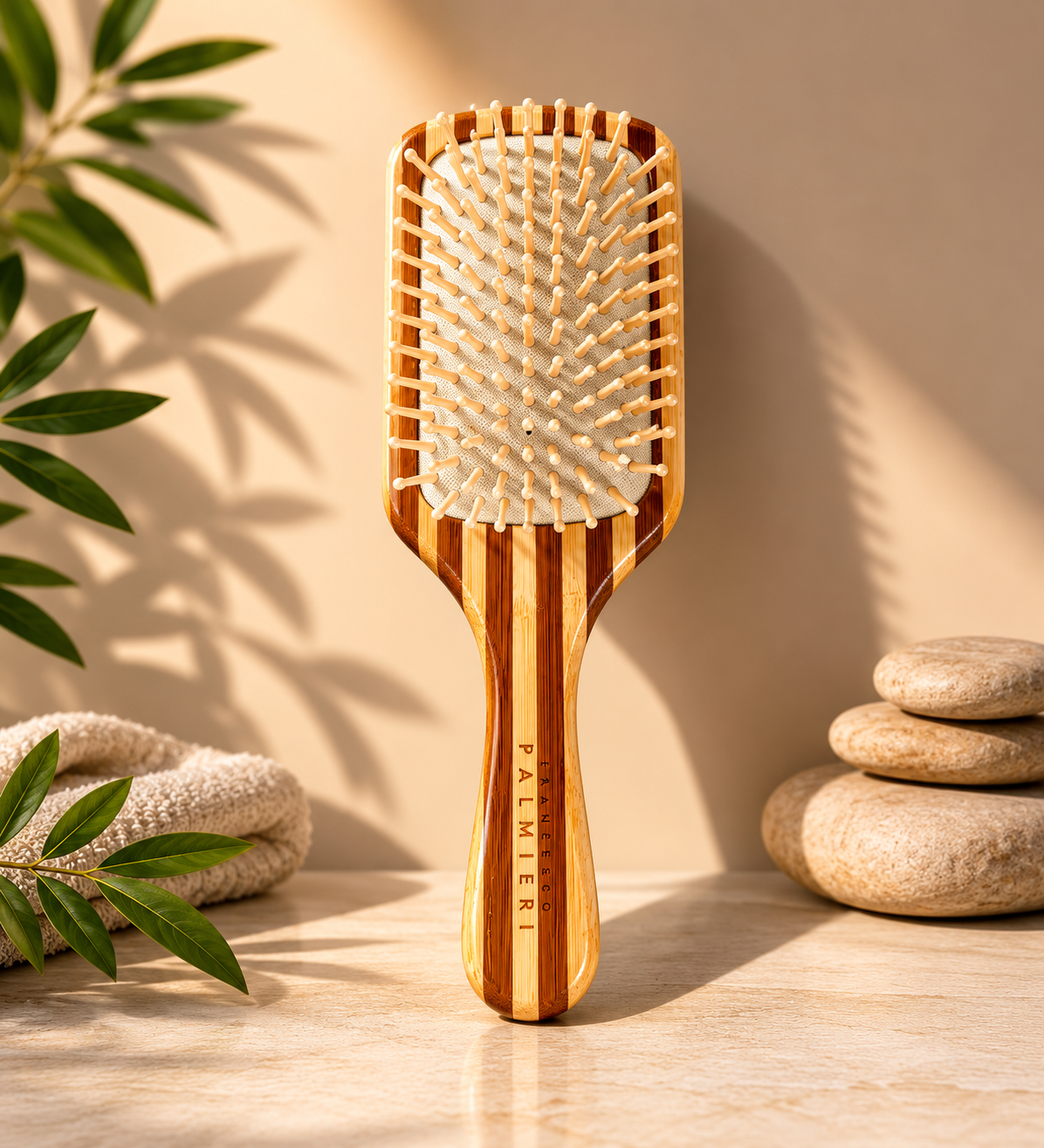 Bamboo Hairbrush with a polished honey-brown wooden handle, cream rounded bristles, and a rectangular cushioned head