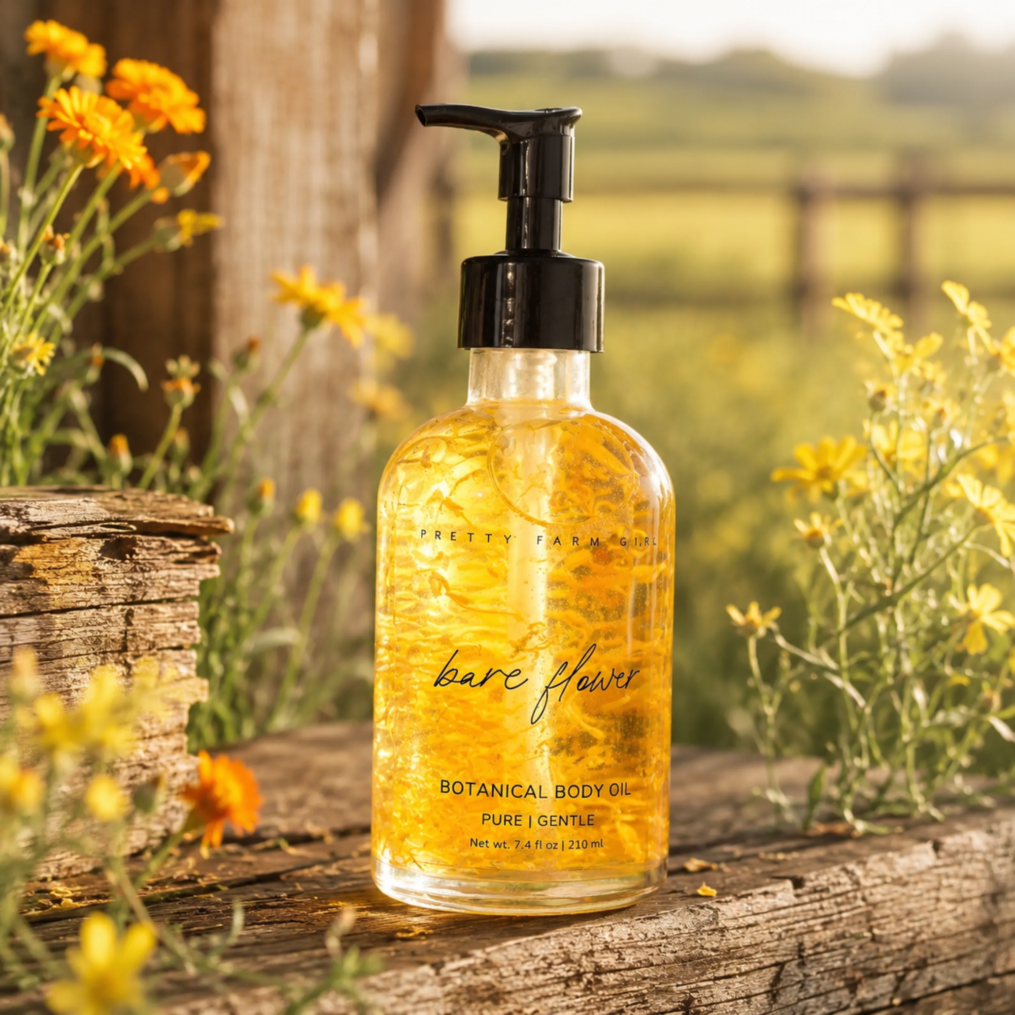 Bare Flower Fragrance-Free Body Oil in a clear glass pump bottle, golden botanical-infused oil with flower petals