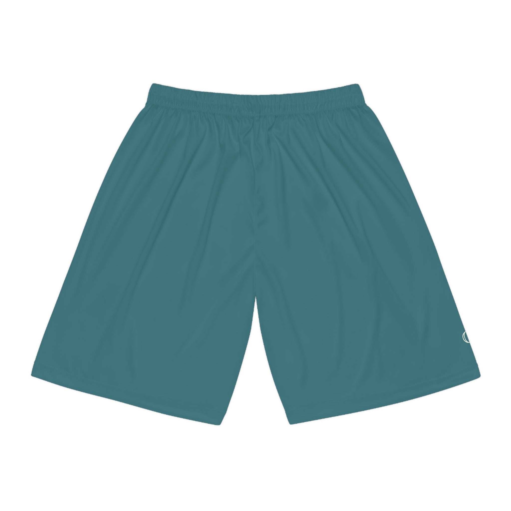 Basketball Shorts (AOP) in solid teal blue with elastic waistband and moisture-wicking fabric for comfort