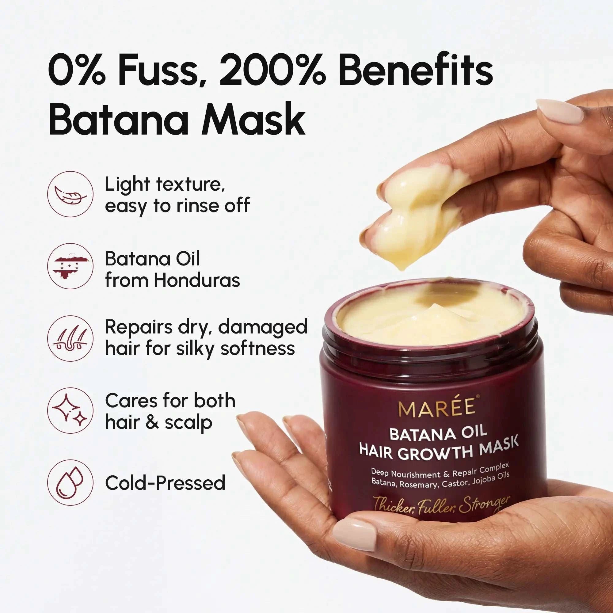 Batana Hair Growth Mask in a burgundy jar, with a smooth pale yellow cream texture shown on a fingertip