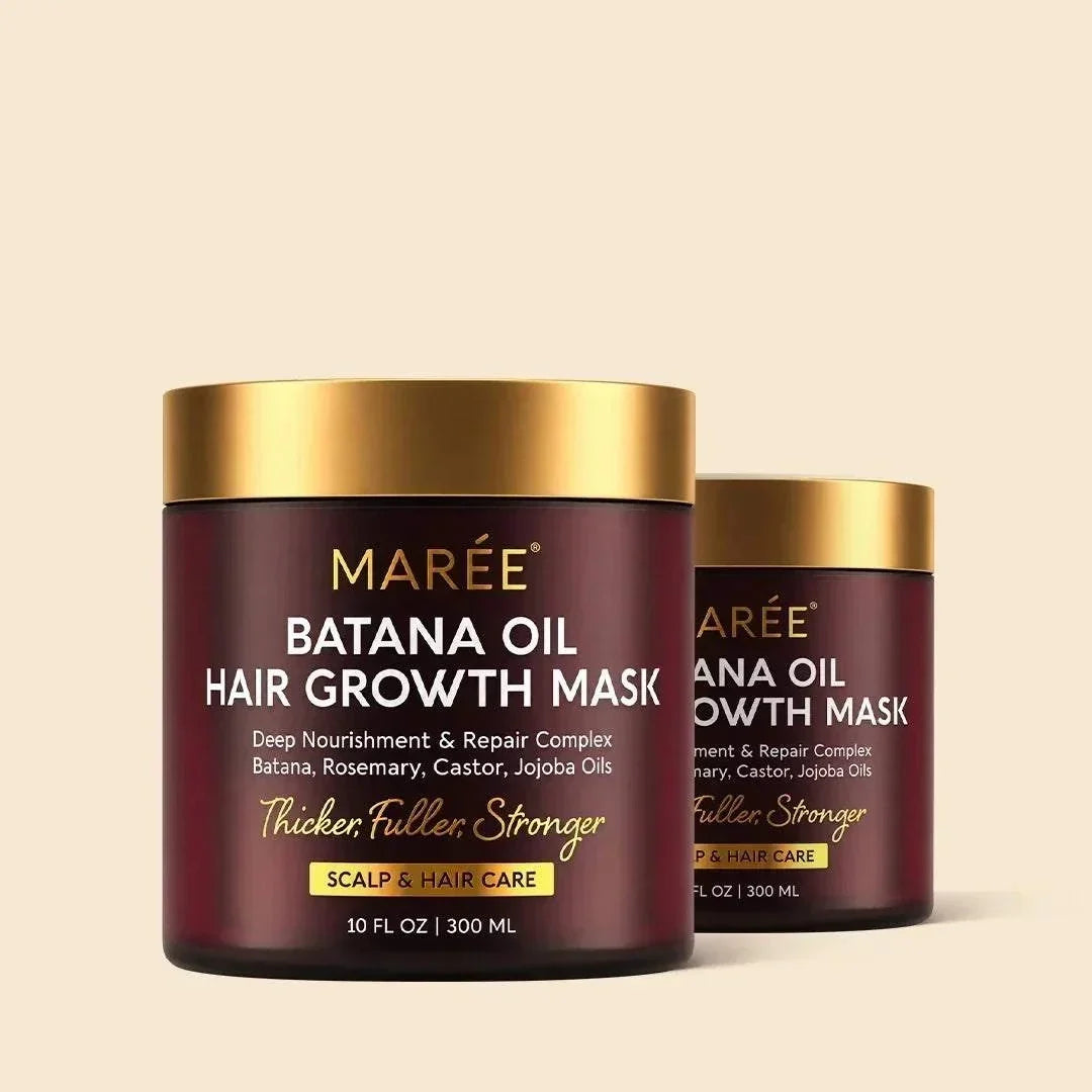 Batana Hair Growth Mask in a burgundy jar with a gold lid, featuring a gold label and haircare text
