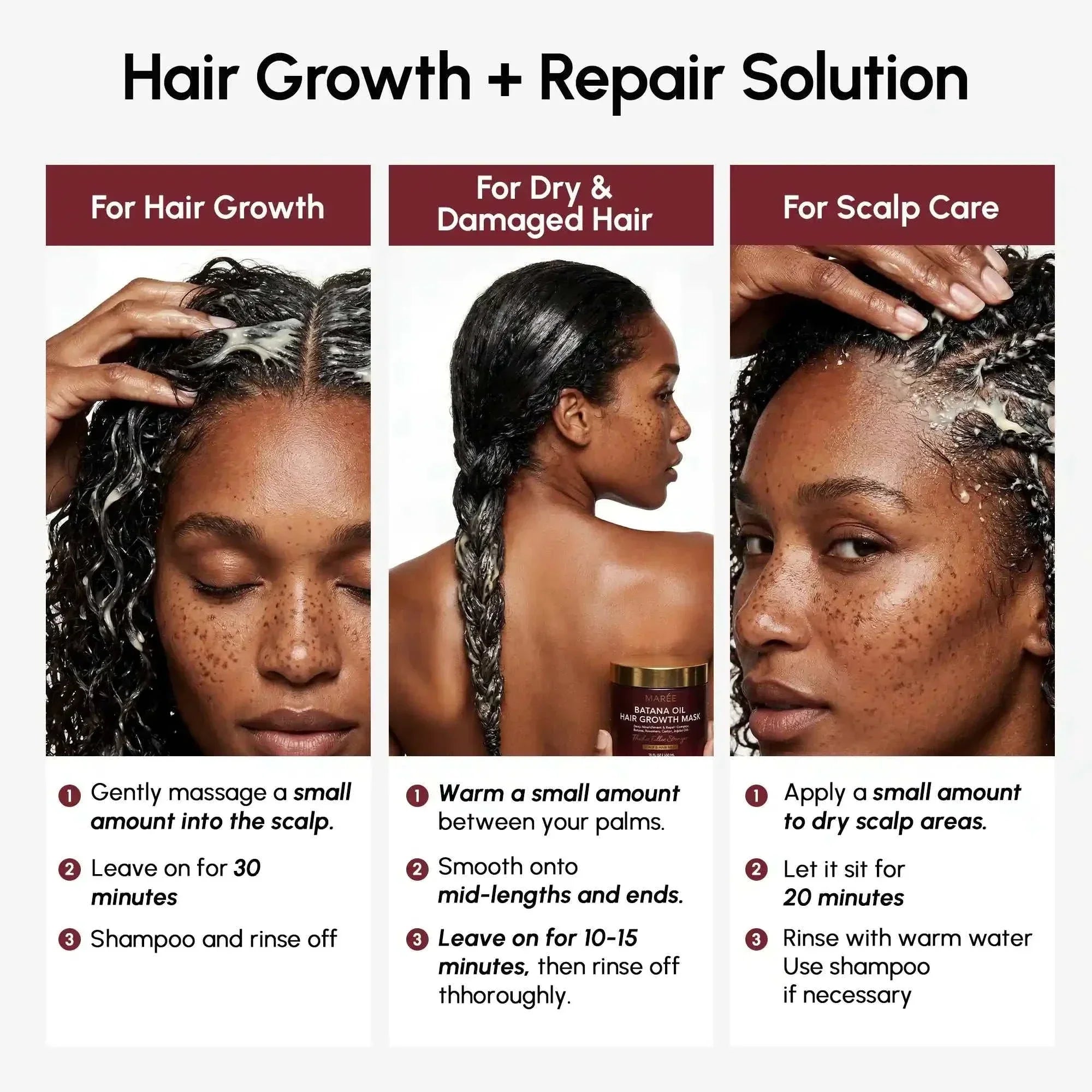Batana Hair Growth Mask haircare infographic showing a dark jar and three scalp and hair application steps for growth, repair and scalp care