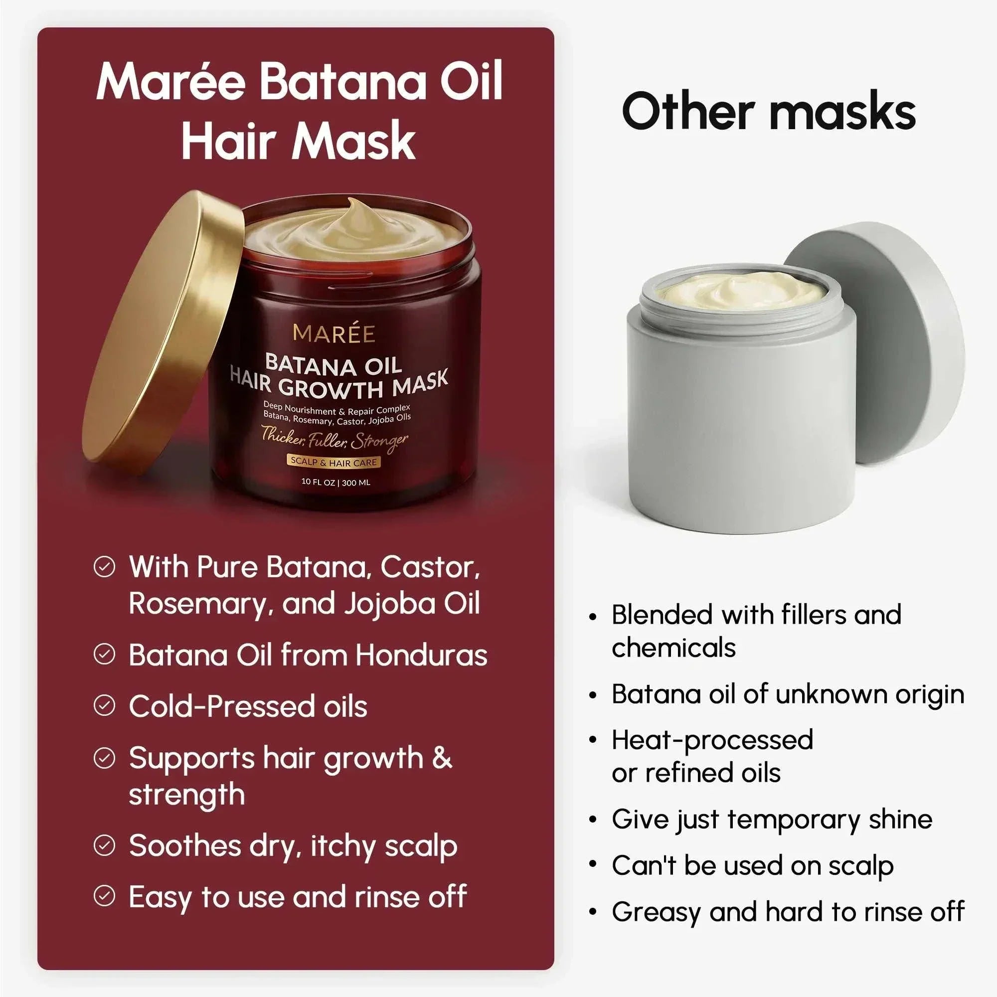 Batana Hair Growth Mask in a dark red jar with a gold lid, shown beside a white jar labeled other masks