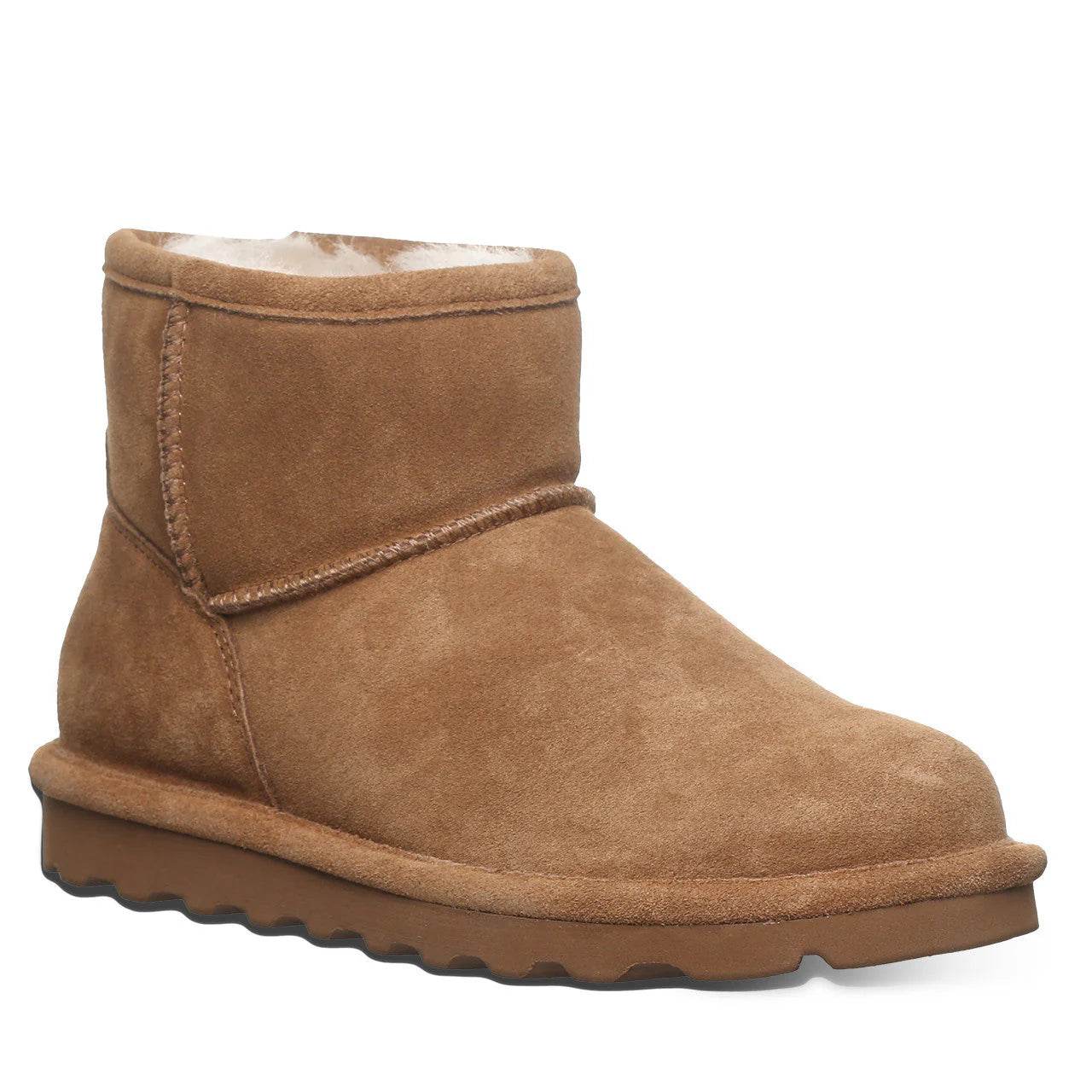 Bearpaw Women's Alyssa Boot in tan suede with a plush cream lining, ankle-height shaft, and rounded toe