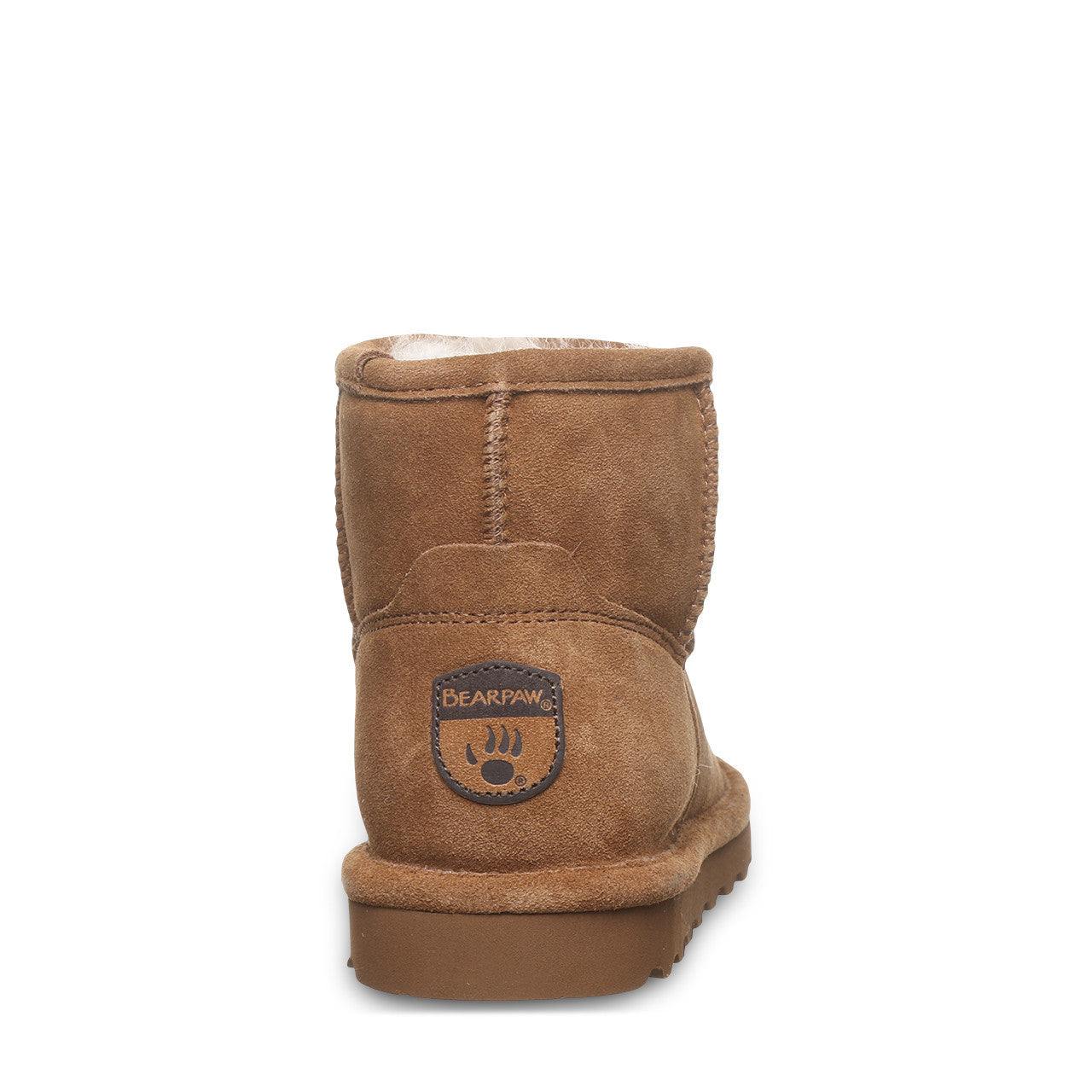 Bearpaw Women's Alyssa Boot in tan suede with a short ankle shaft, visible seam stitching, and Bearpaw logo patch